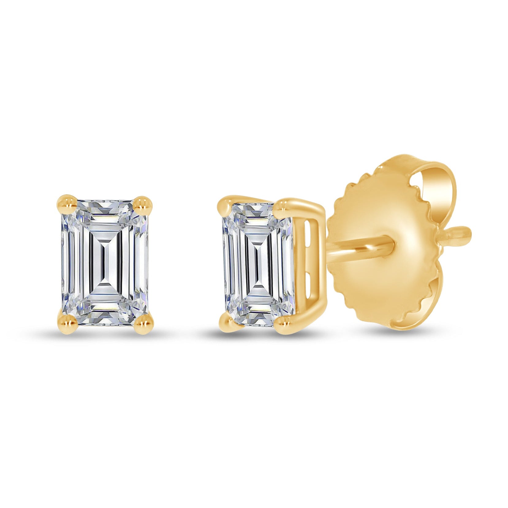 Gold earrings with emerald-cut gemstones on a white background