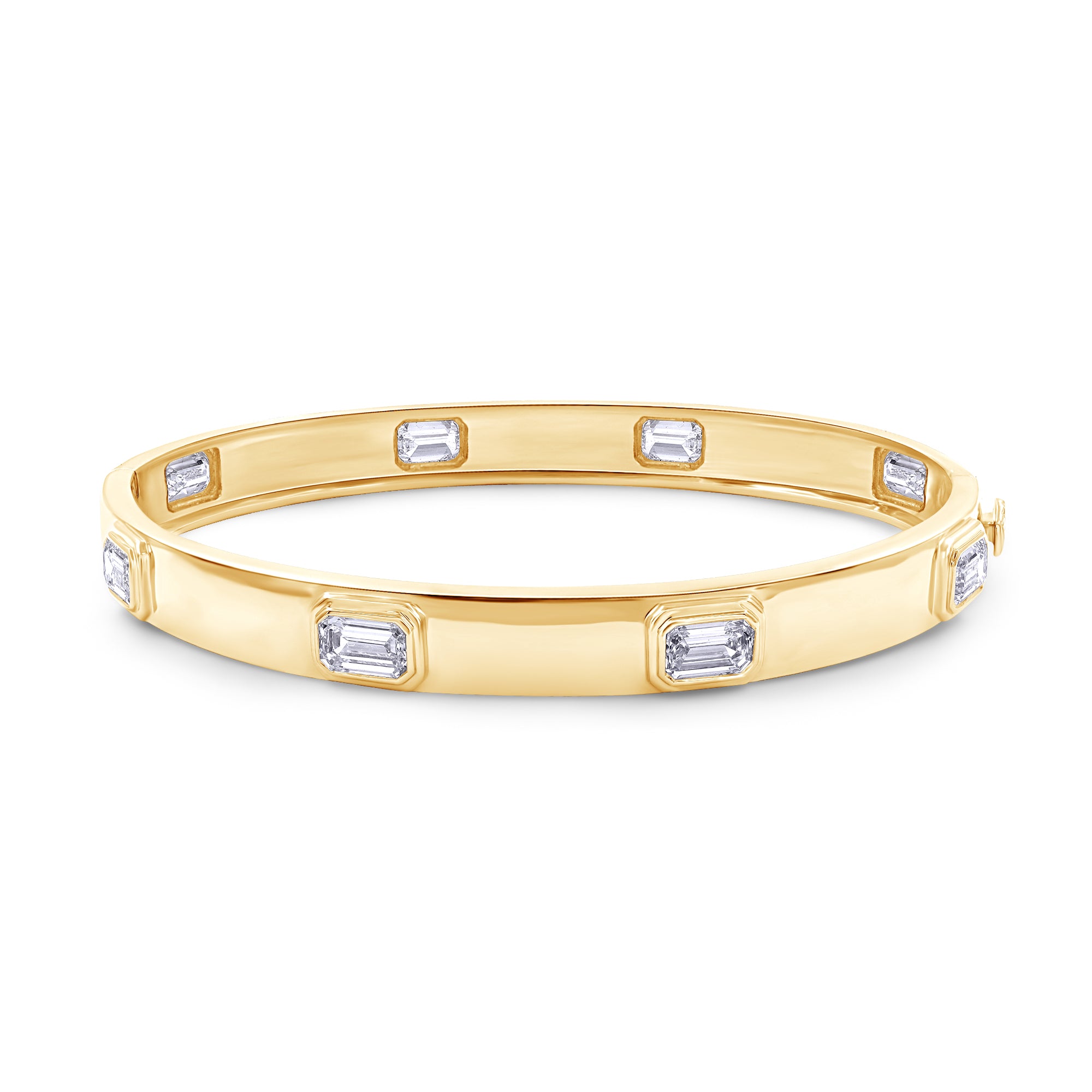 Gold bracelet with embedded diamonds on a white background