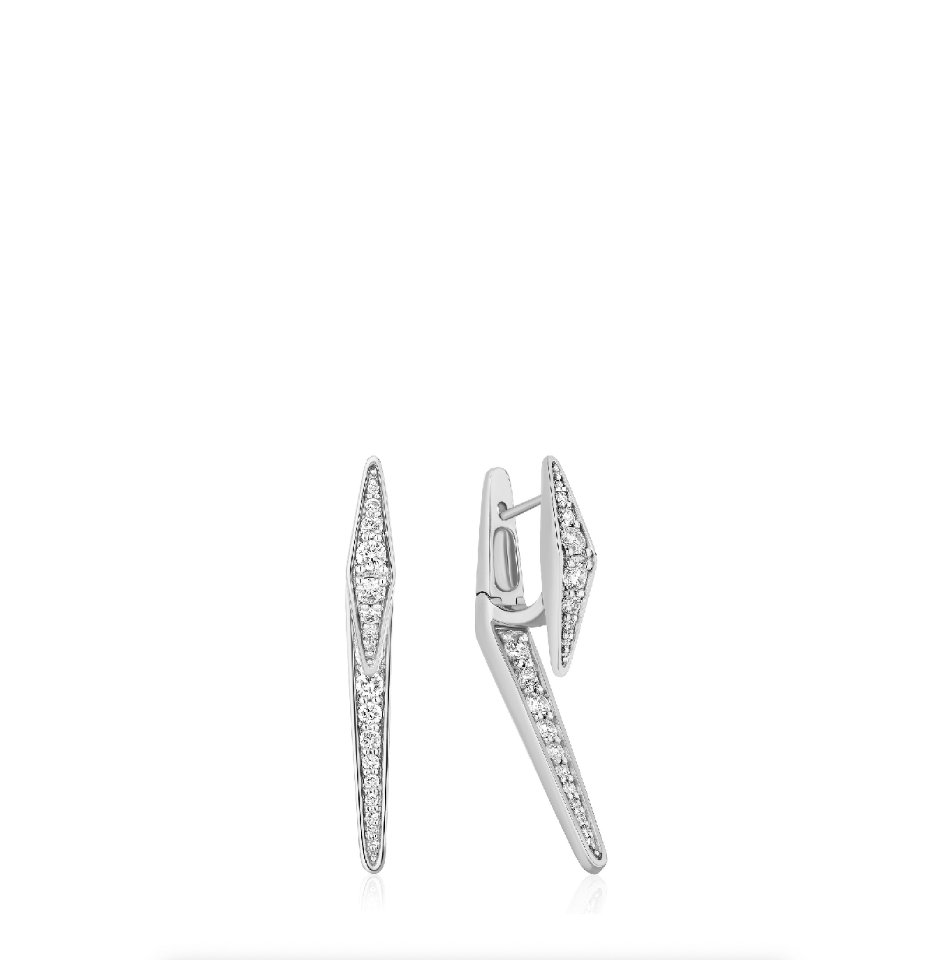 14K solid gold diamond earrings with elongated design and sparkling stones.