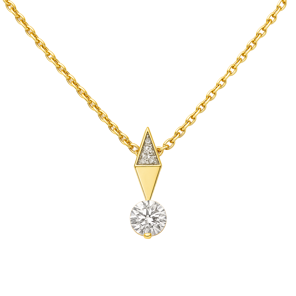 Gold necklace with a diamond pendant on a white background