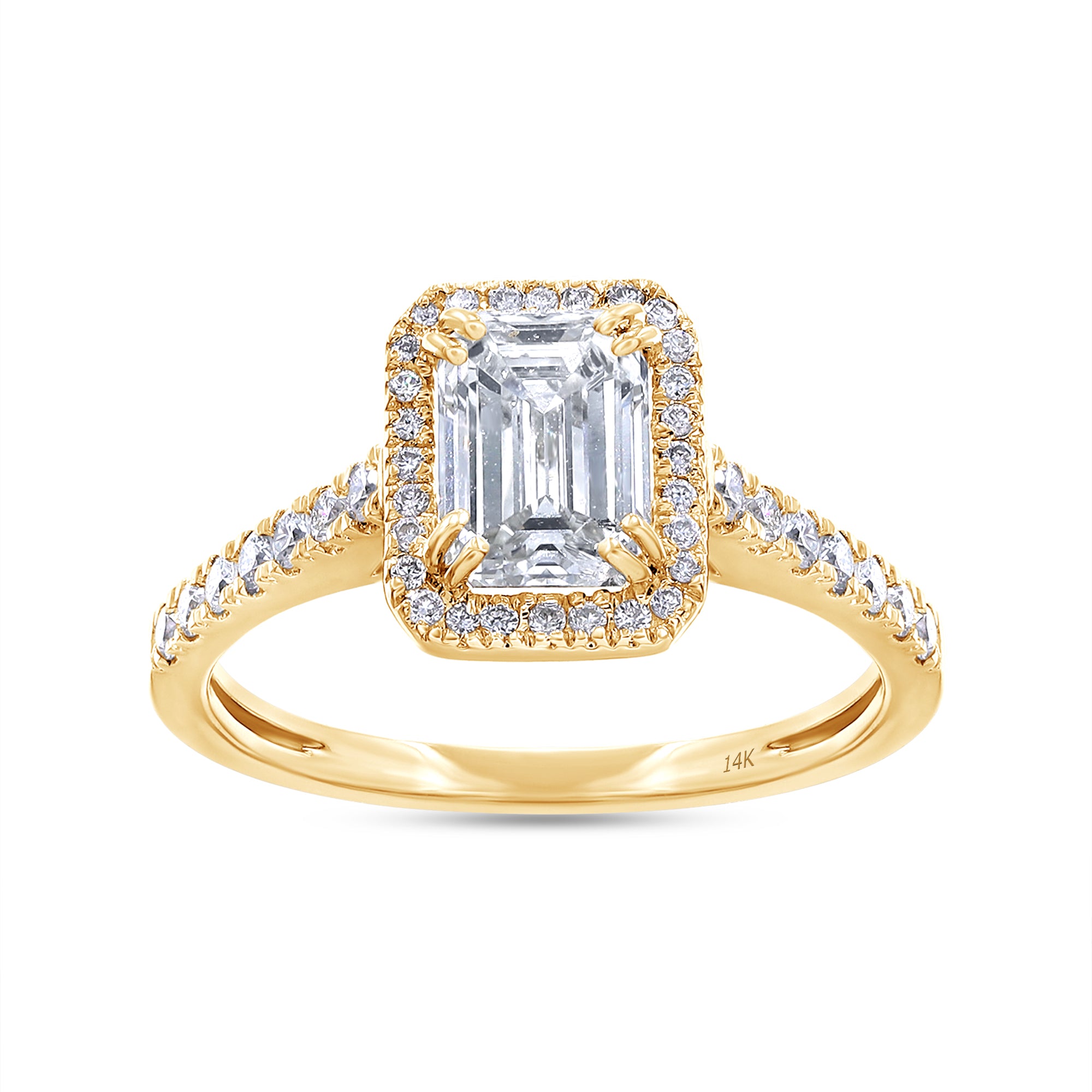 Gold ring with emerald-cut diamond and smaller diamonds on a white background