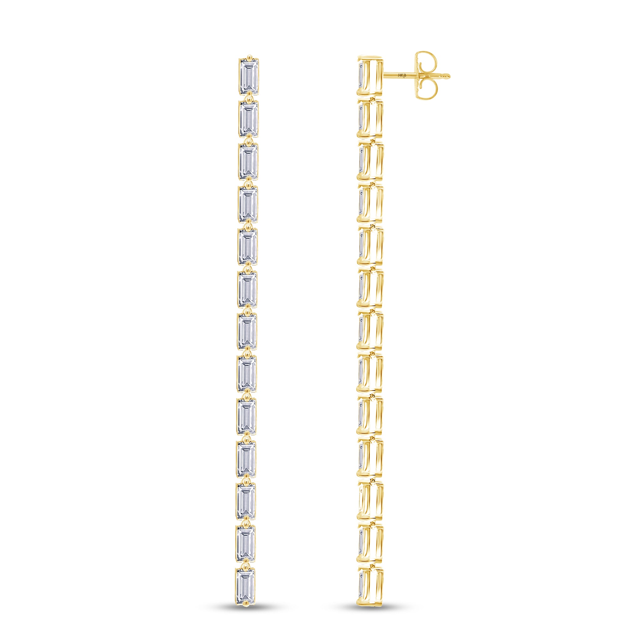 Gold long line earrings with clear gemstones on a white background