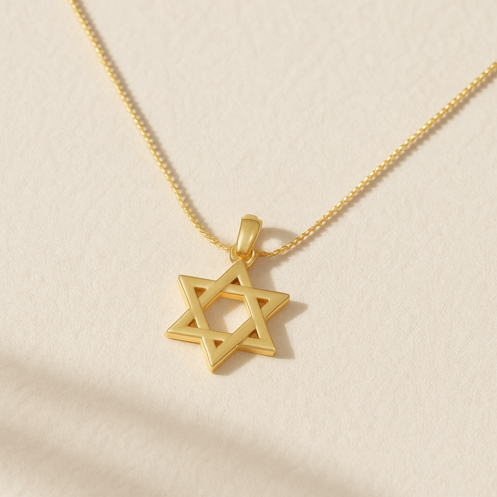 solid gold star of david pendant necklace laying down on a solid surface