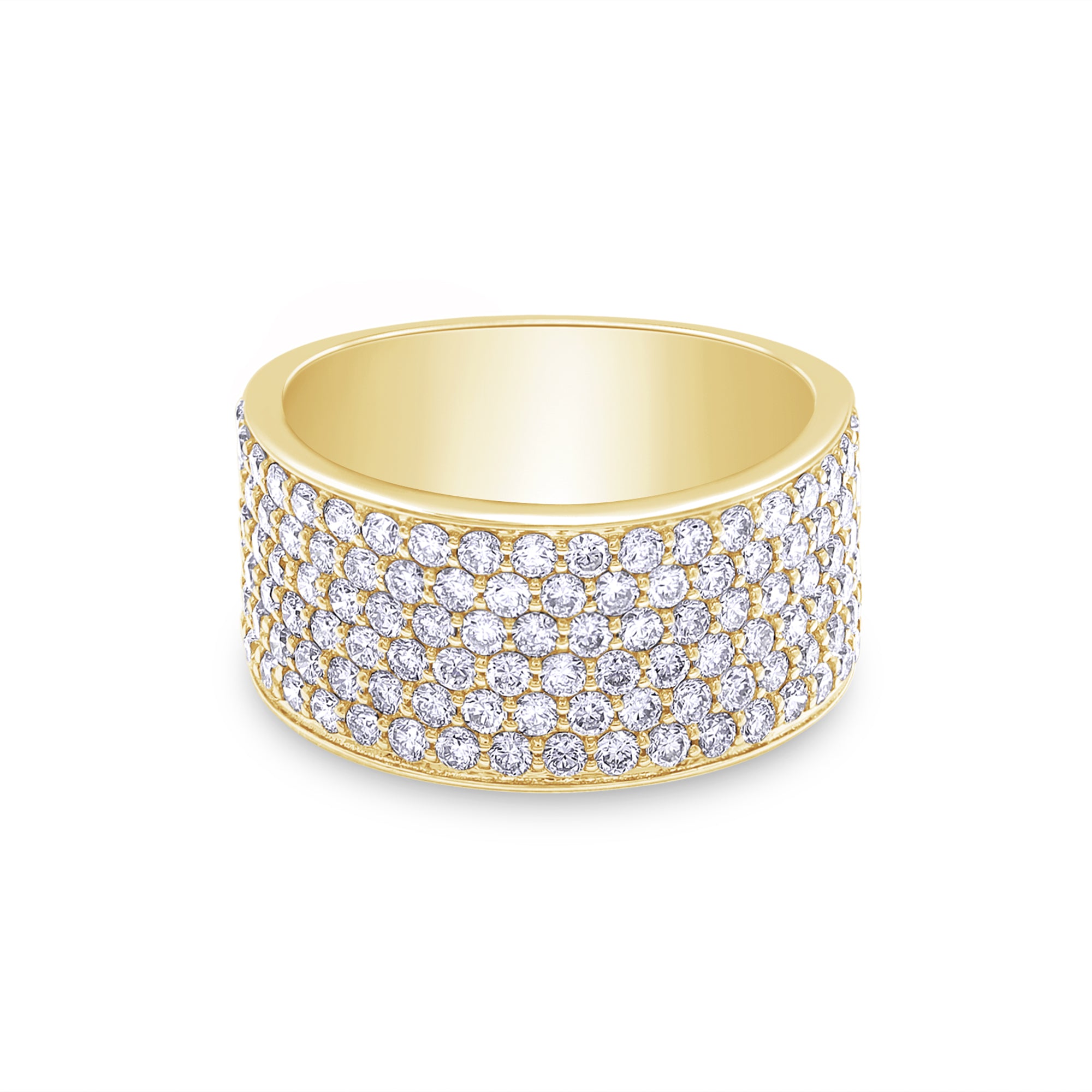 Gold ring with clear gemstones on a white background