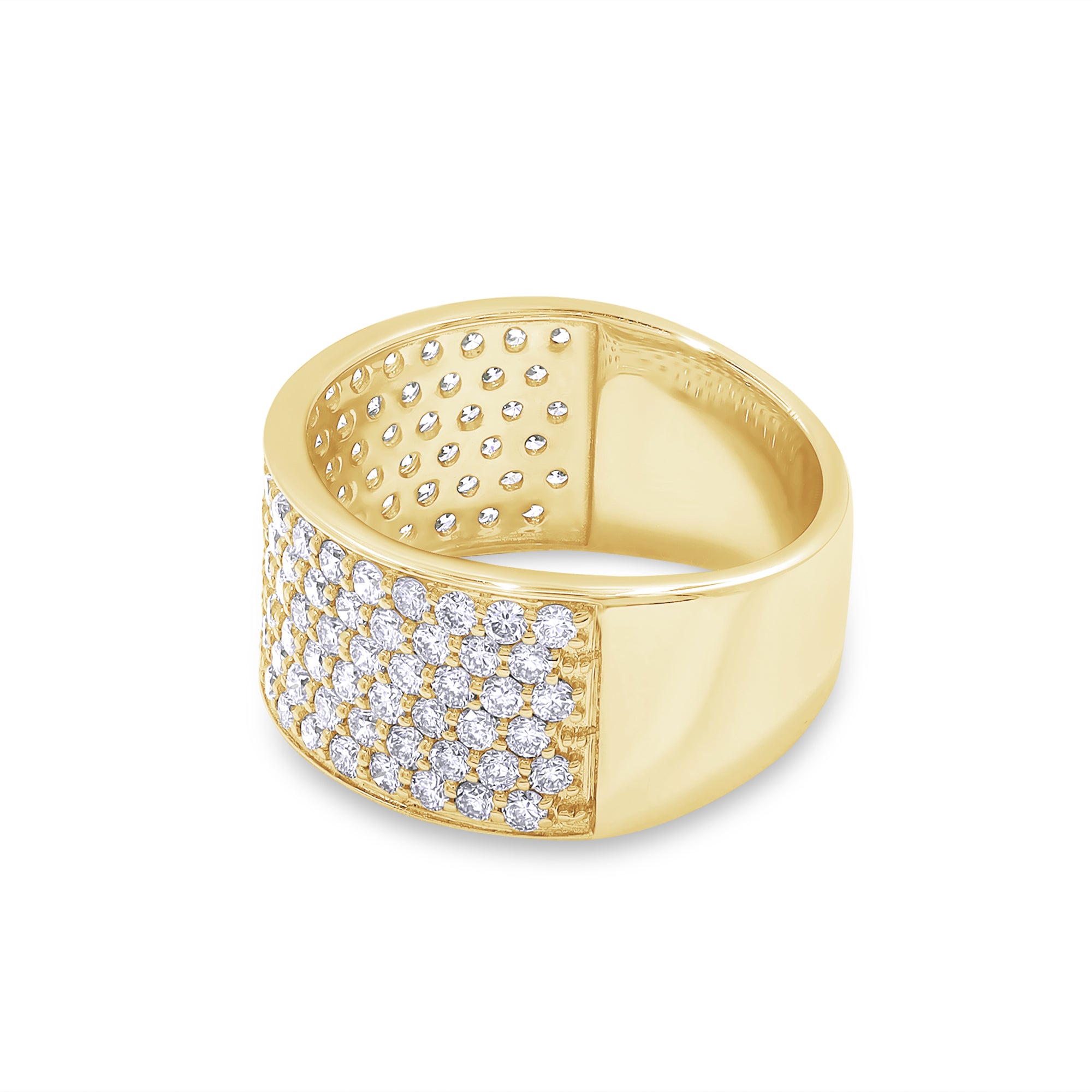 Gold ring with diamond accents on a white background