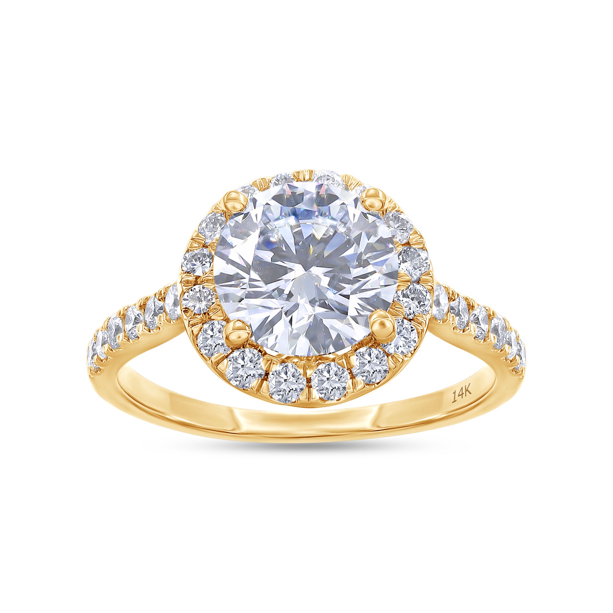 Gold ring with a large diamond and smaller diamonds on a white background