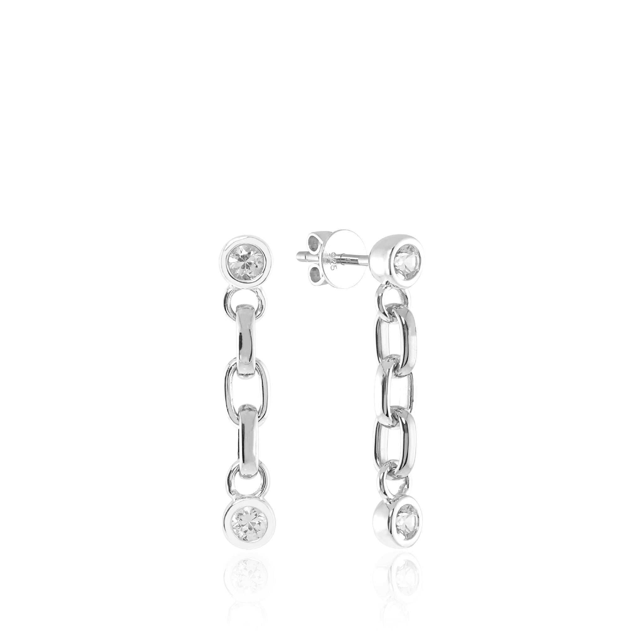 Sterling silver earrings with chain links and white gemstones.