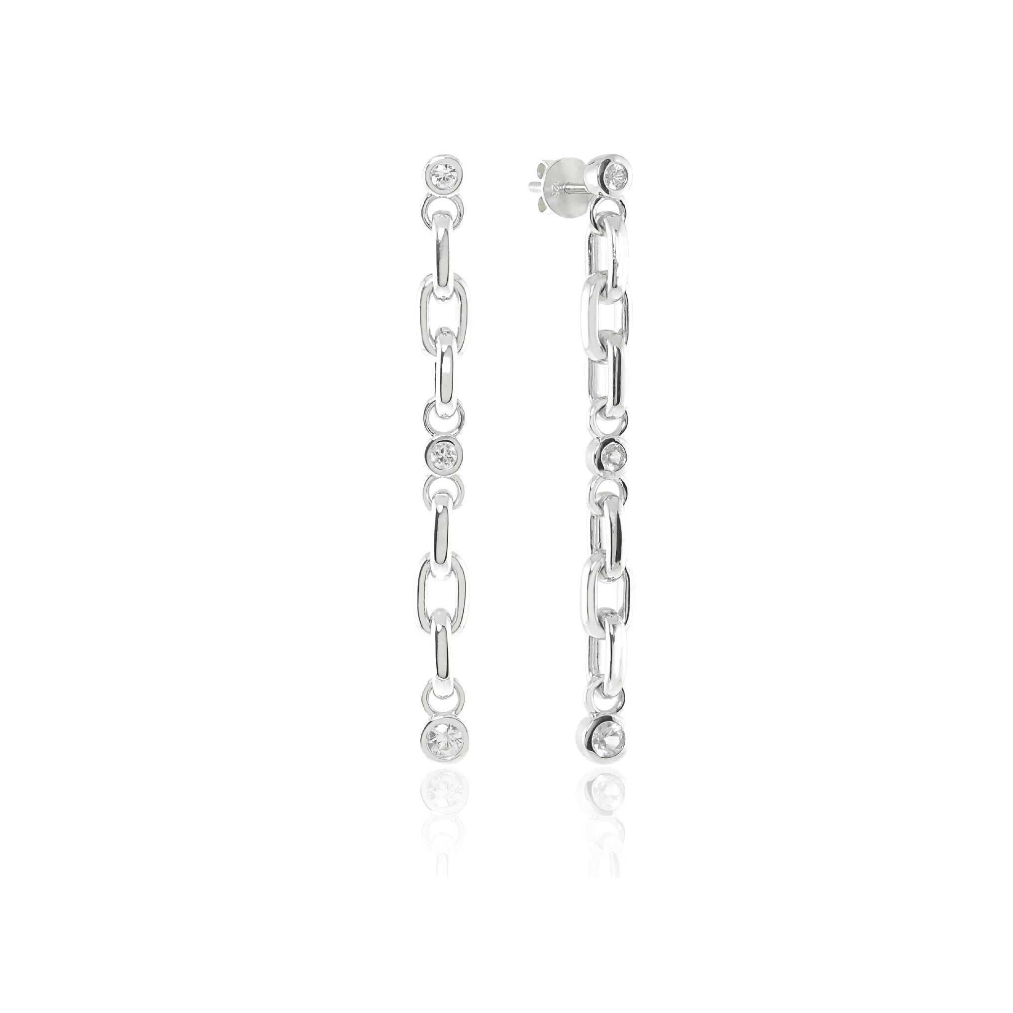 Sterling silver chain earrings with white sapphire gemstones, elegant and reflective design.