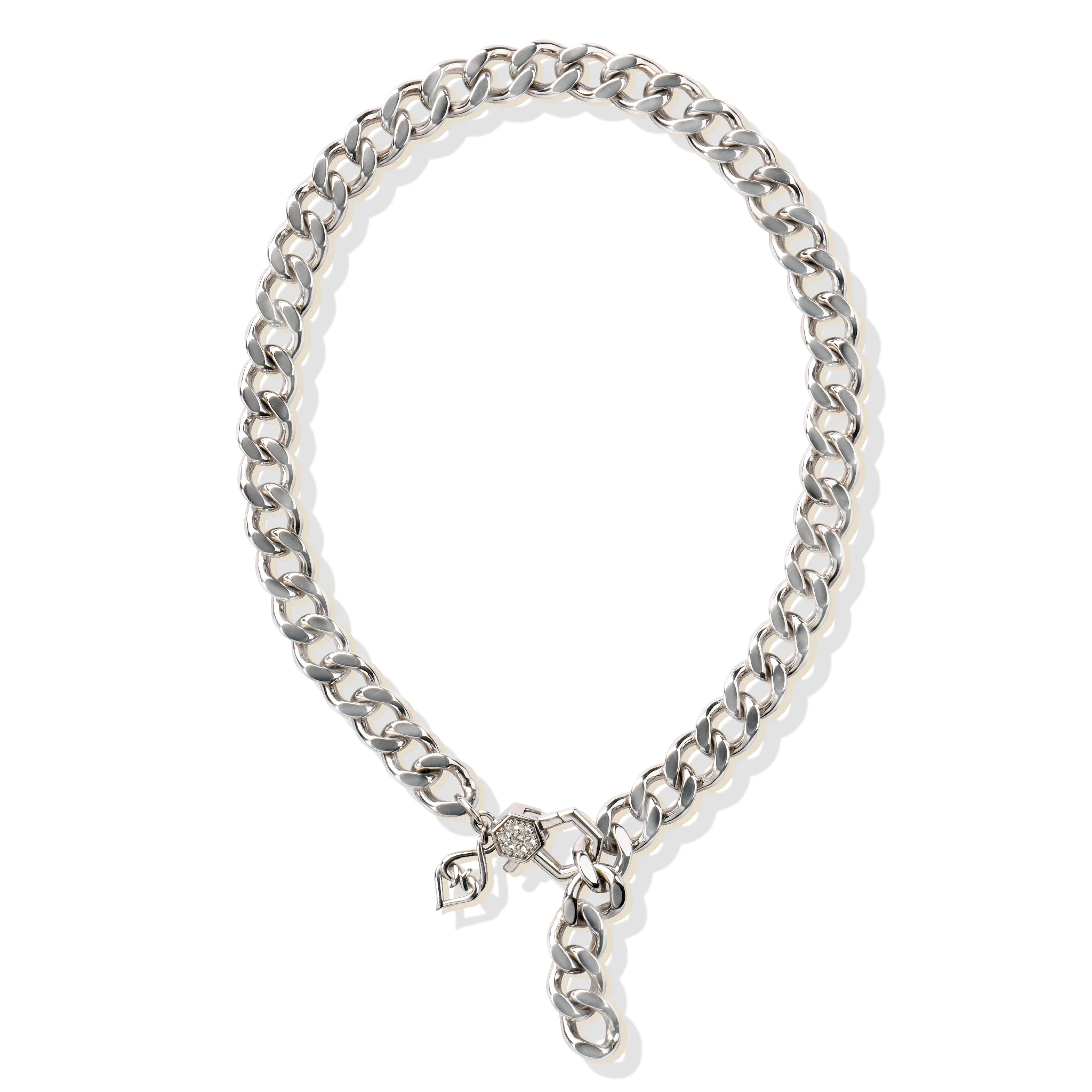 Sterling silver curb chain necklace with a unique clasp design and shiny finish.