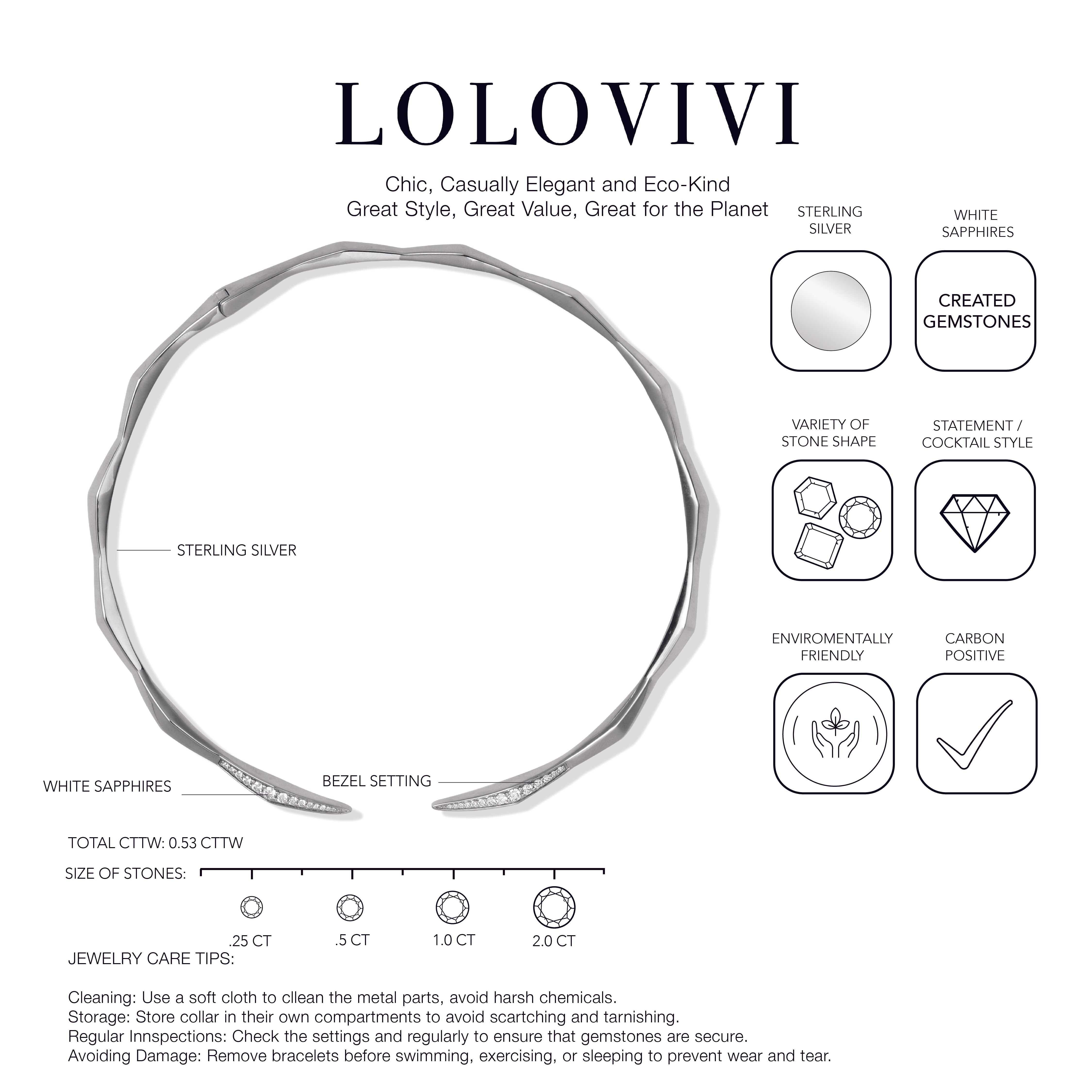 Sterling silver collar necklace with white sapphires in bezel setting, elegant design.