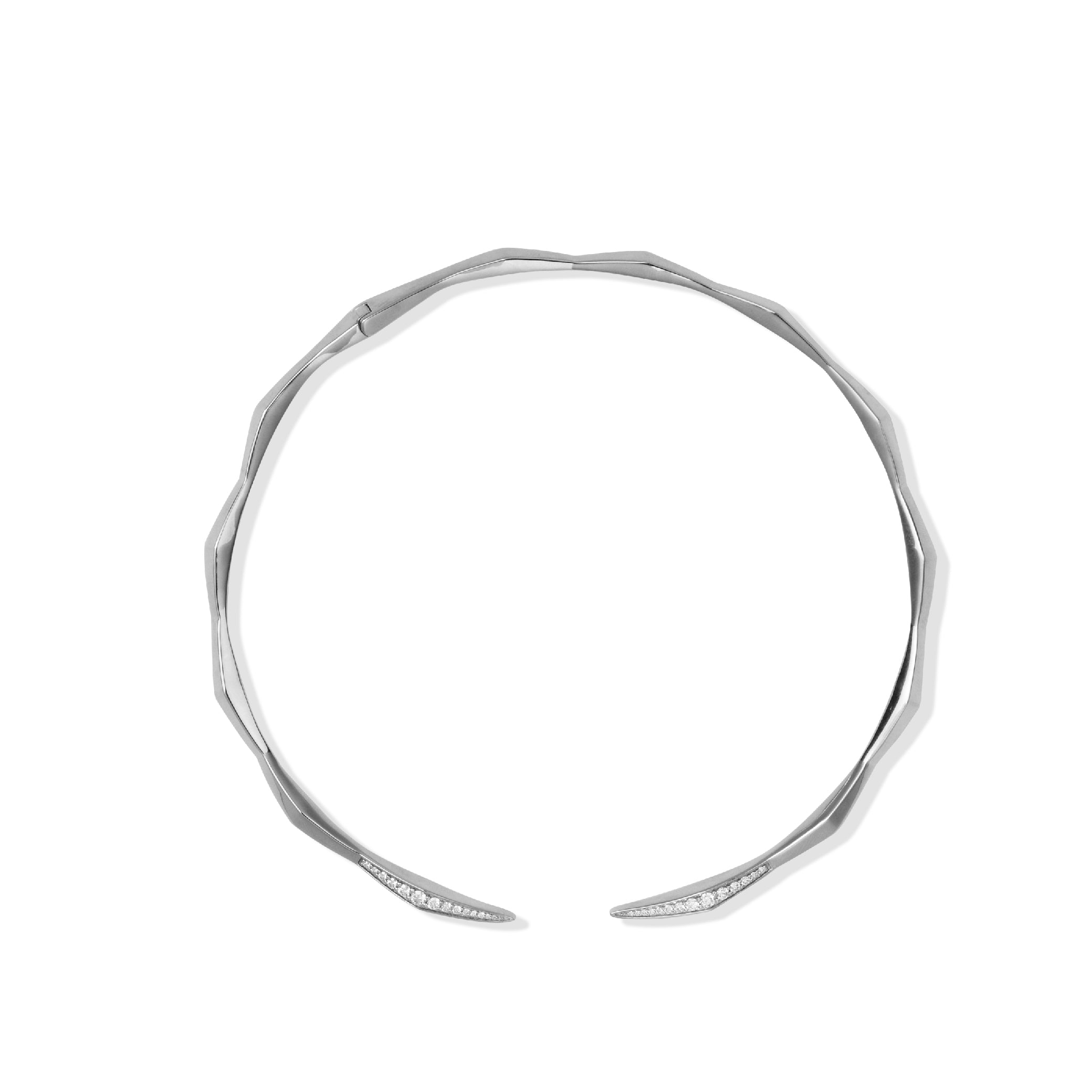 Sterling silver collar necklace with angular design and white sapphire accents.