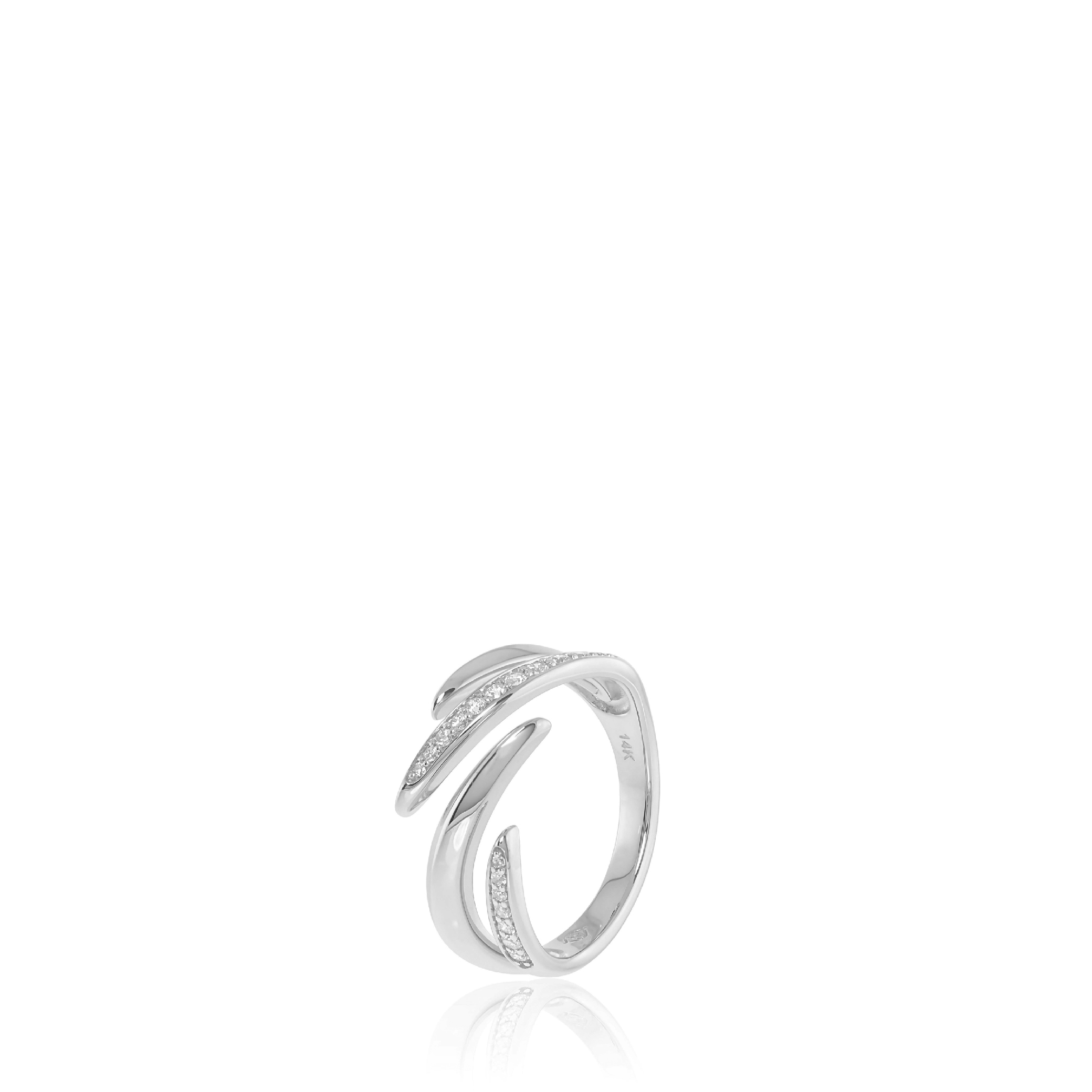 Sterling silver ring with white diamond gemstones, featuring a modern, open design.