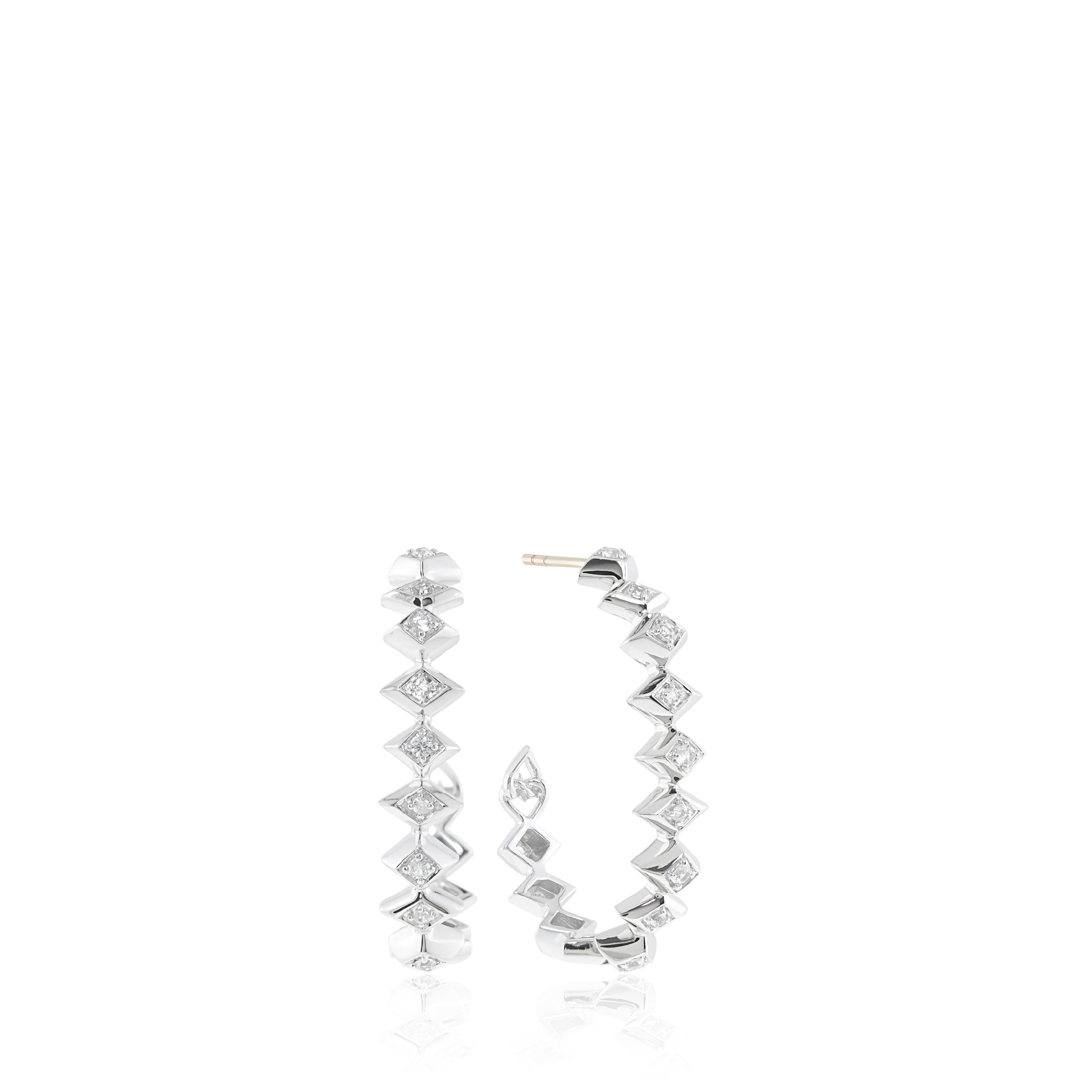 Sterling silver hoop earrings with geometric design and gemstones.