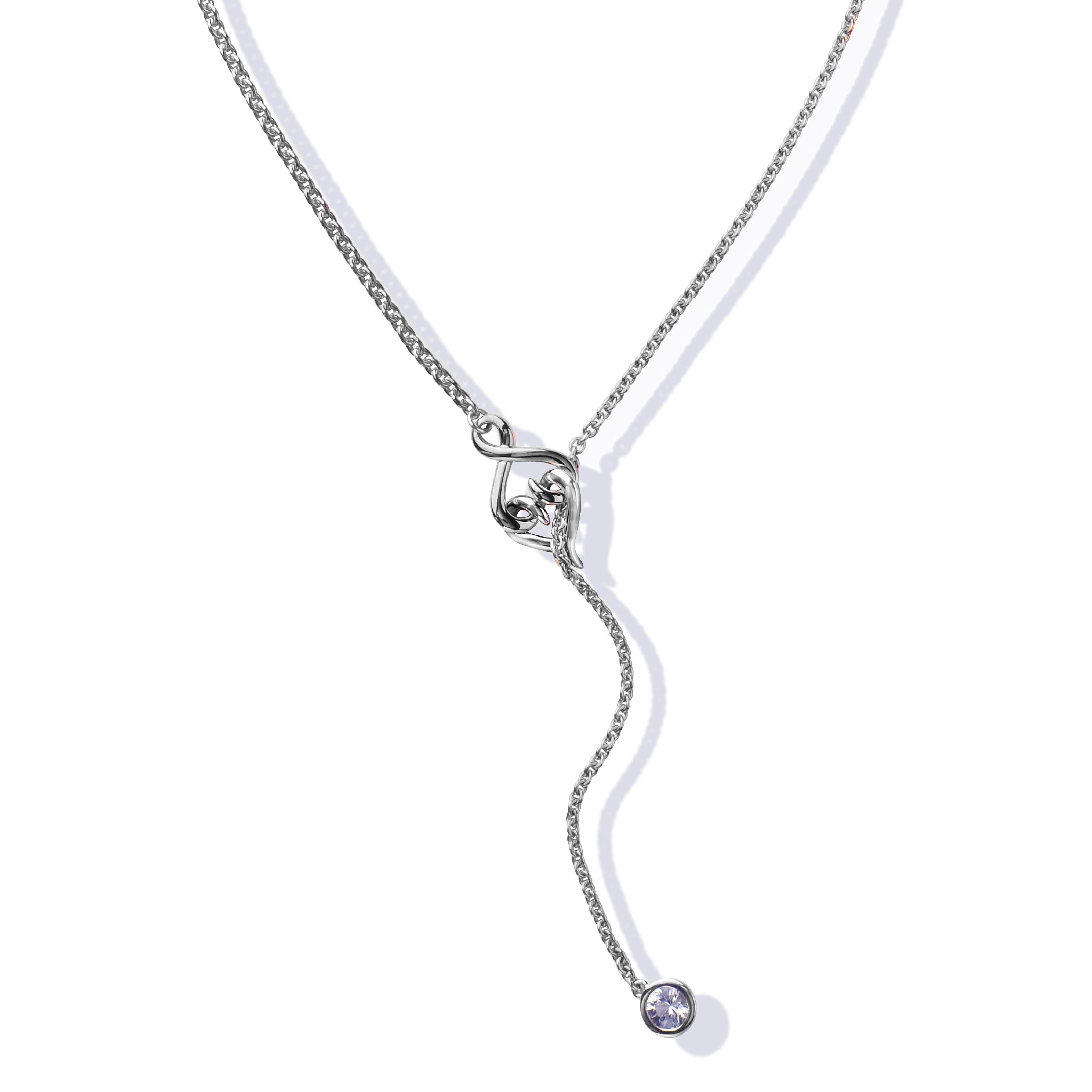 Sterling silver lariat necklace with a white sapphire gemstone and heart design.