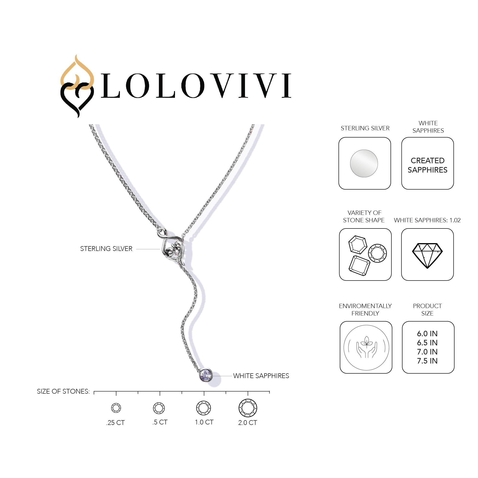 Sterling silver necklace with white sapphire gemstones in a lariat style.
