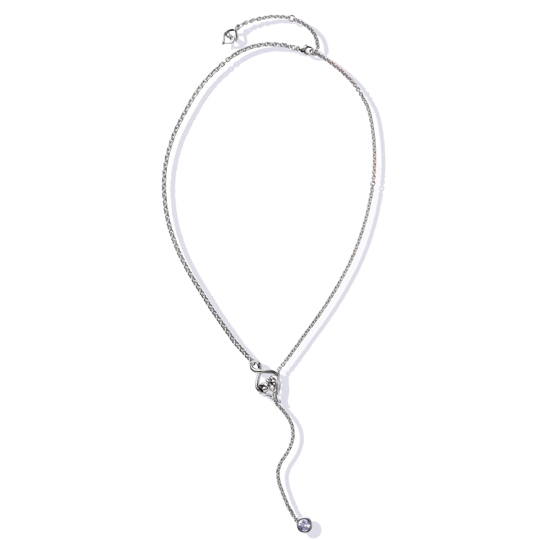 Sterling silver lariat necklace with a gemstone pendant, featuring elegant design and shiny finish.