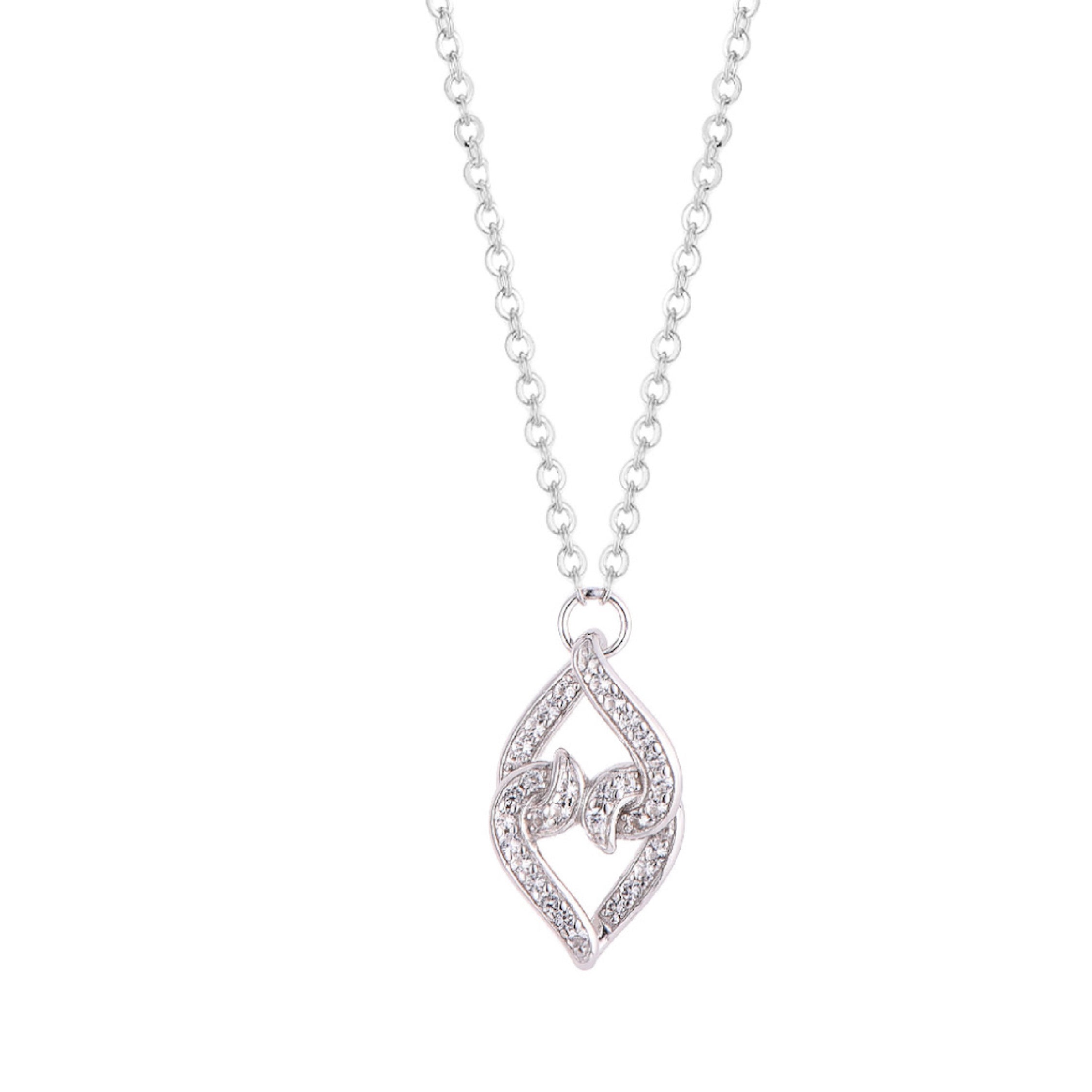 Sterling silver necklace with interlocking heart pendant and gemstones.