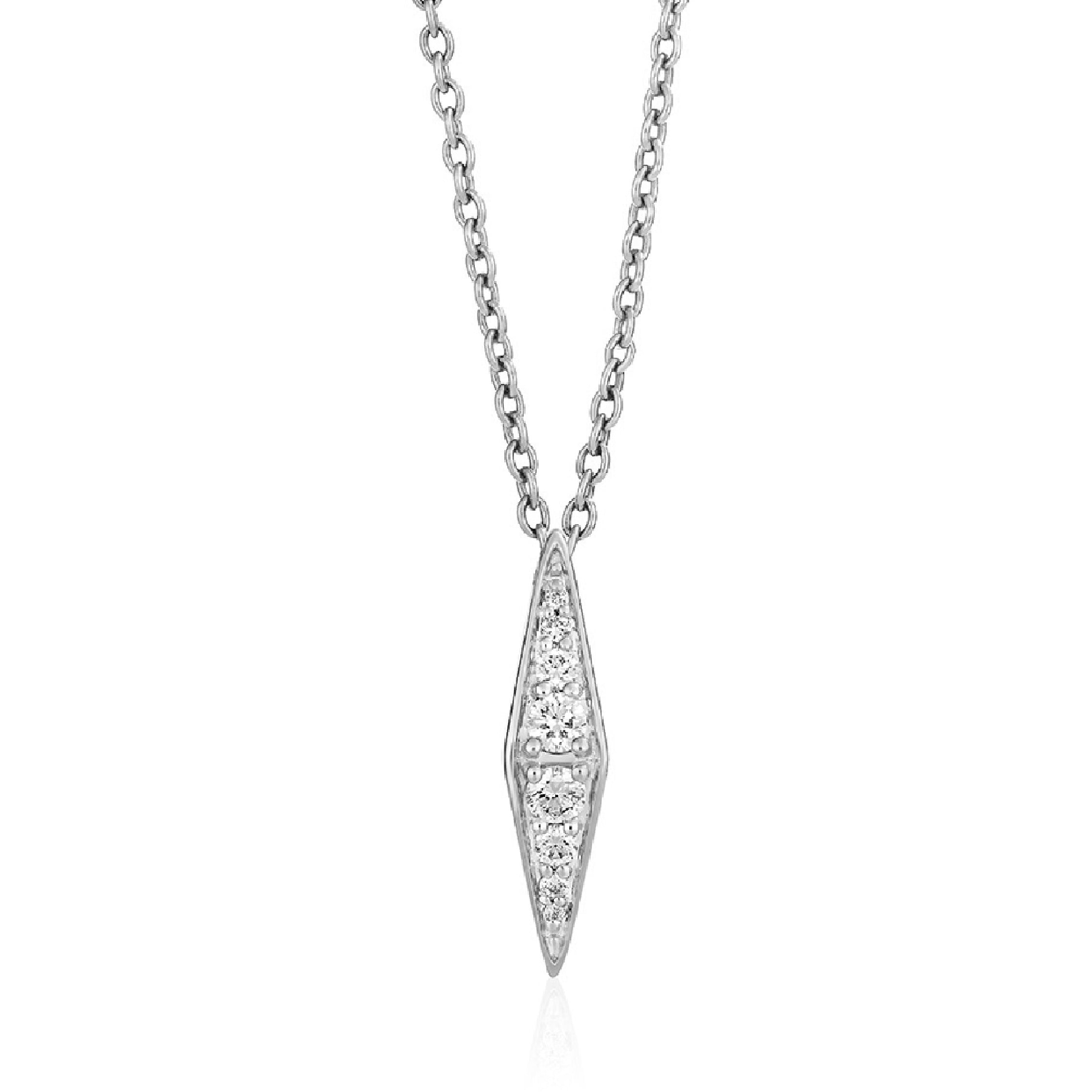 Sterling silver necklace with a pointed gemstone pendant and intricate chain design.