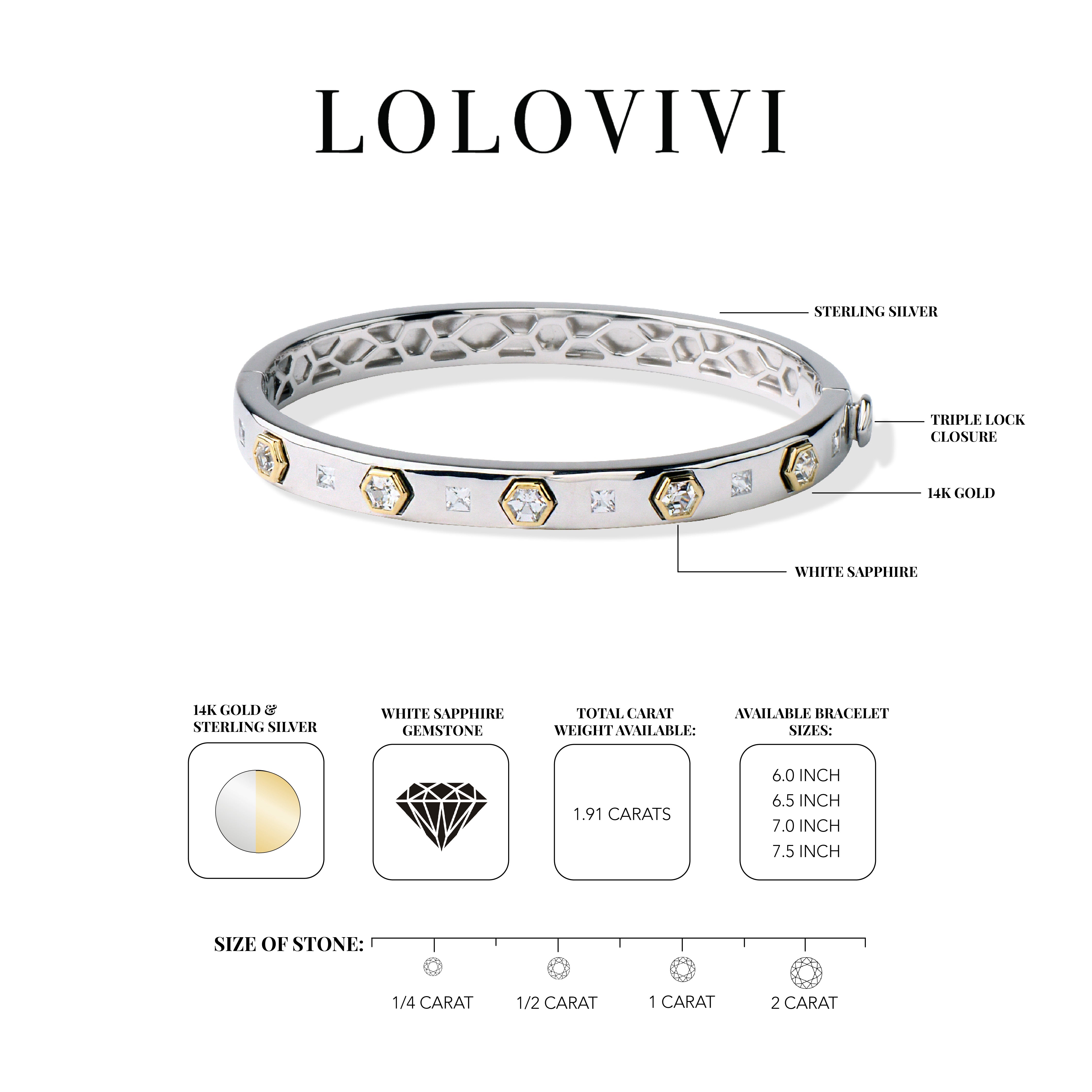 Sterling silver bangle with 14K gold accents and white sapphire gemstones.