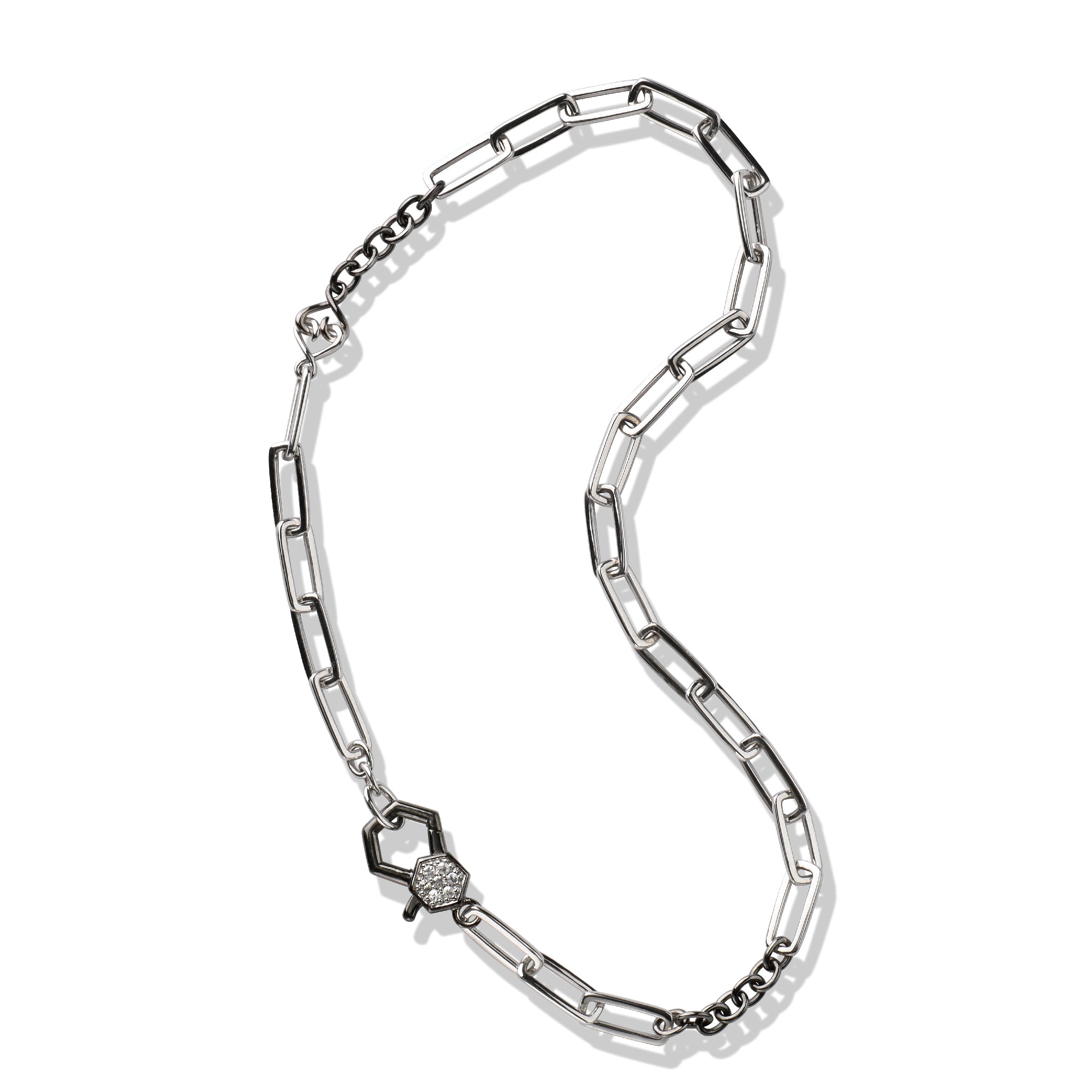 Sterling silver and black paperclip necklace with white sapphire detail.