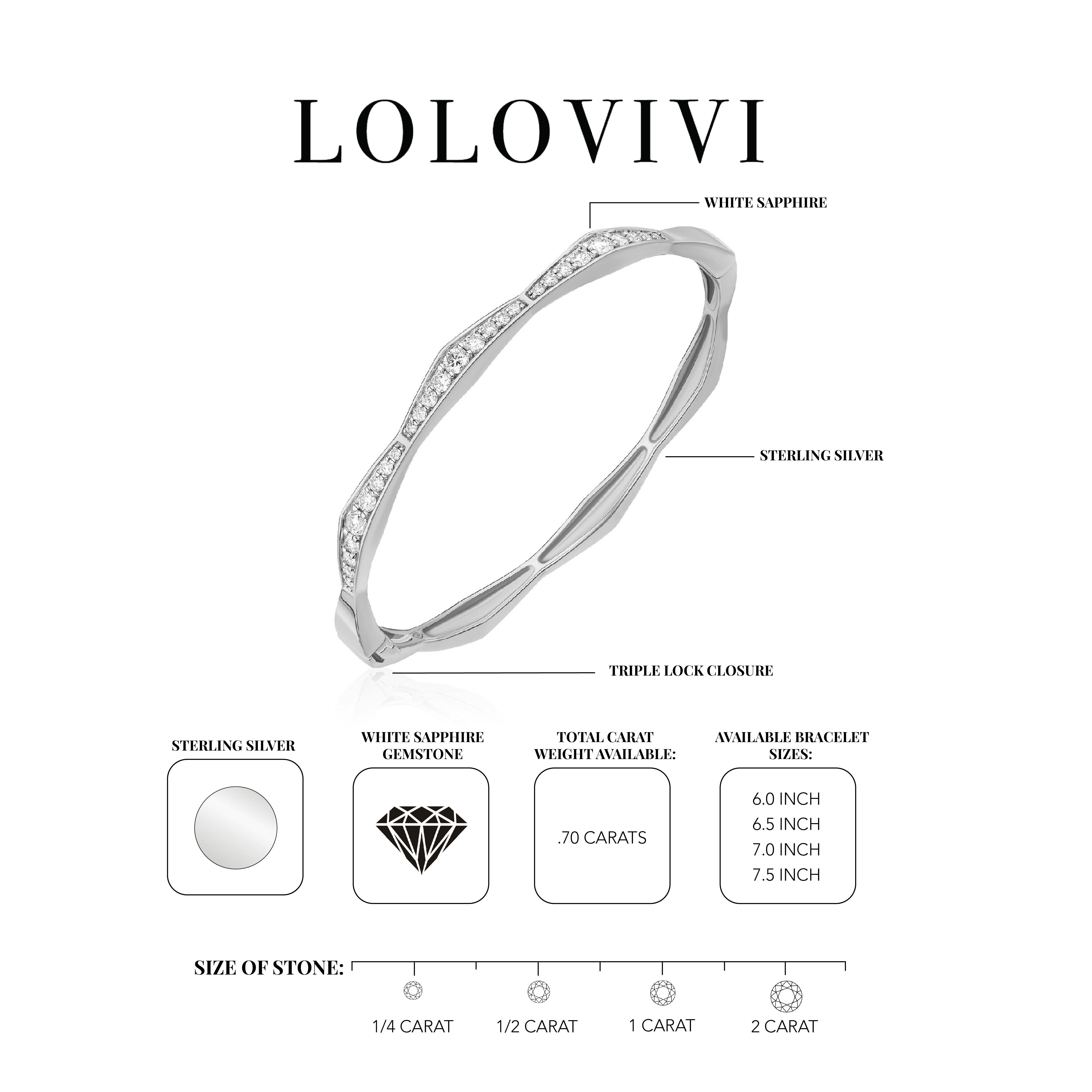 Sterling silver bangle bracelet with white sapphire gemstones and triple lock closure.