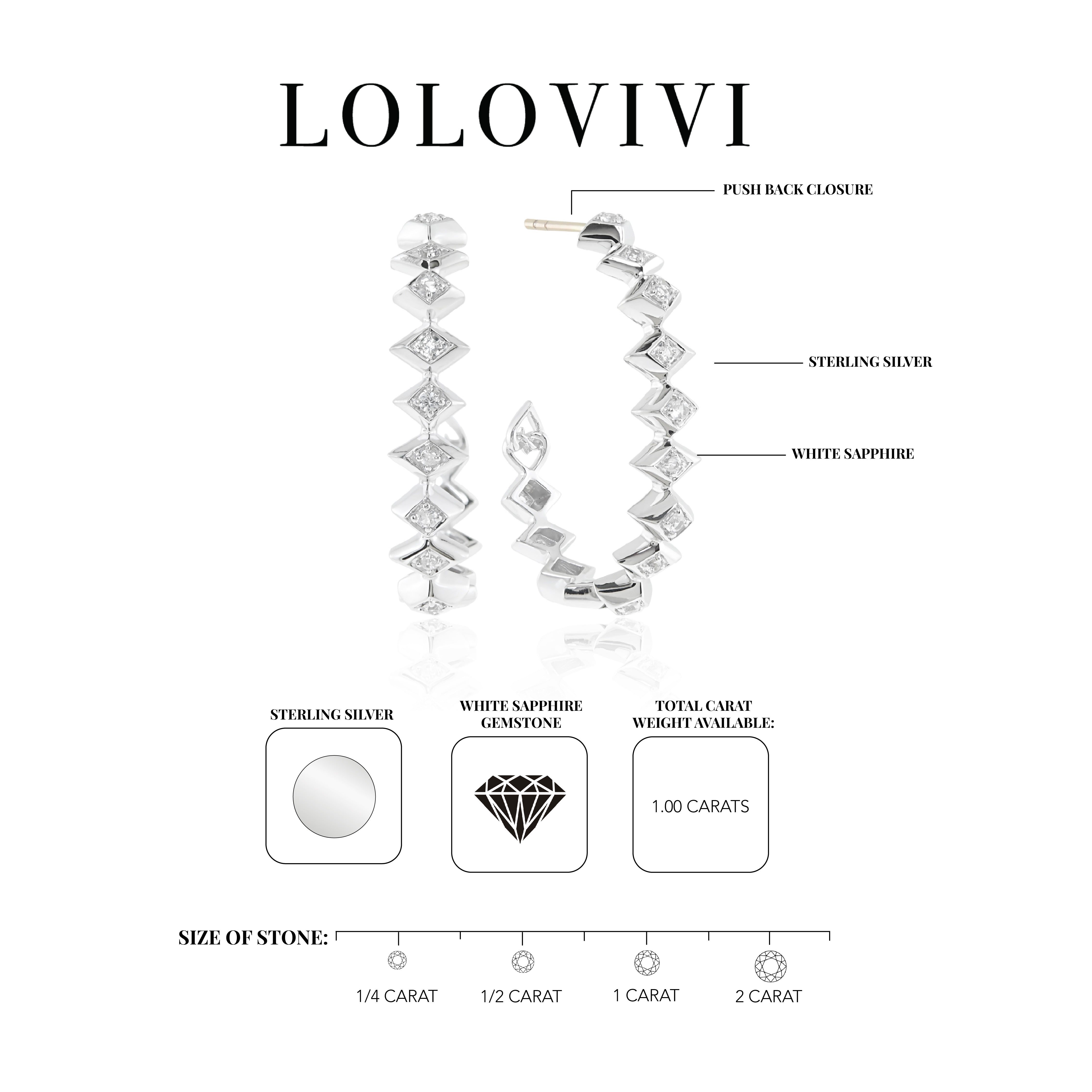 Sterling silver hoop earrings with white sapphire gemstones in a zigzag pattern.