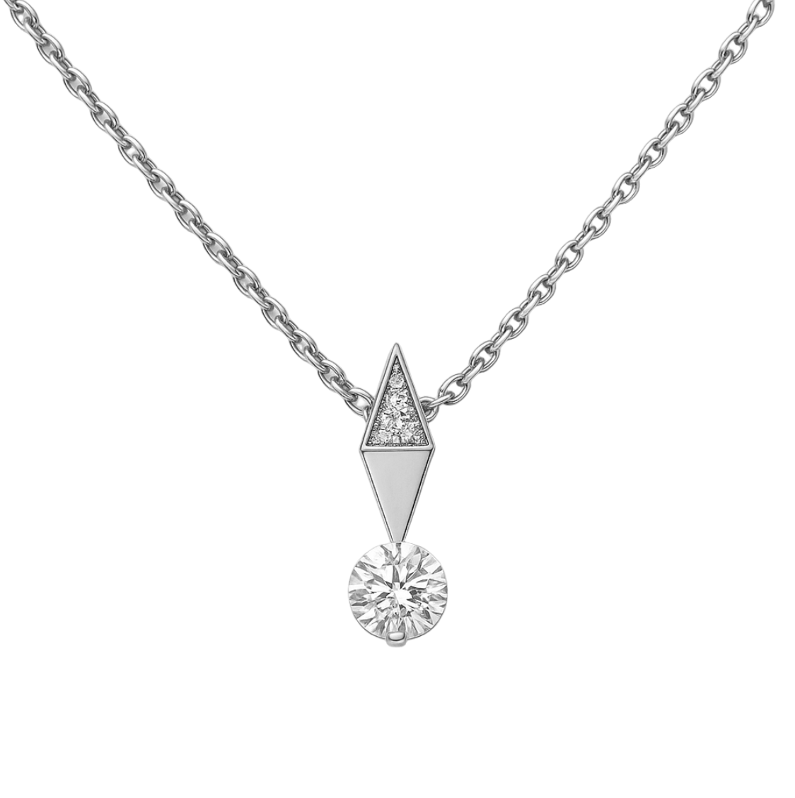 Diamond necklace with a geometric pendant on a white background
