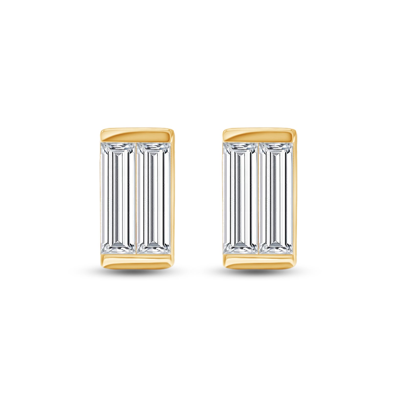 Gold and silver baguette cut earrings on a white background