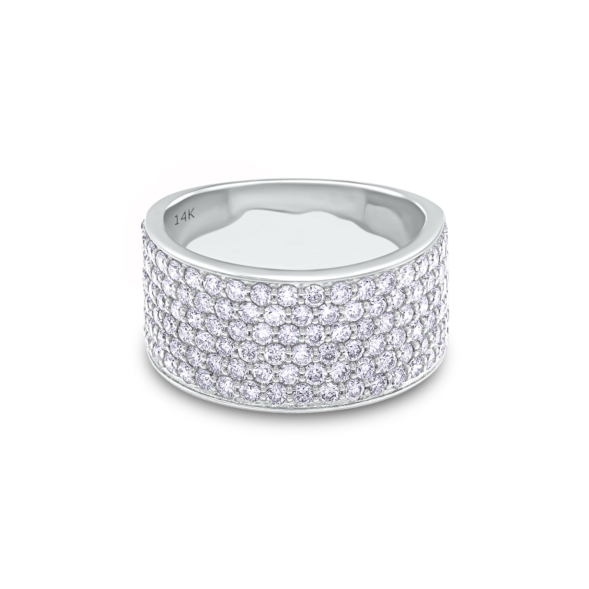 Silver ring with clear gemstones on a white background