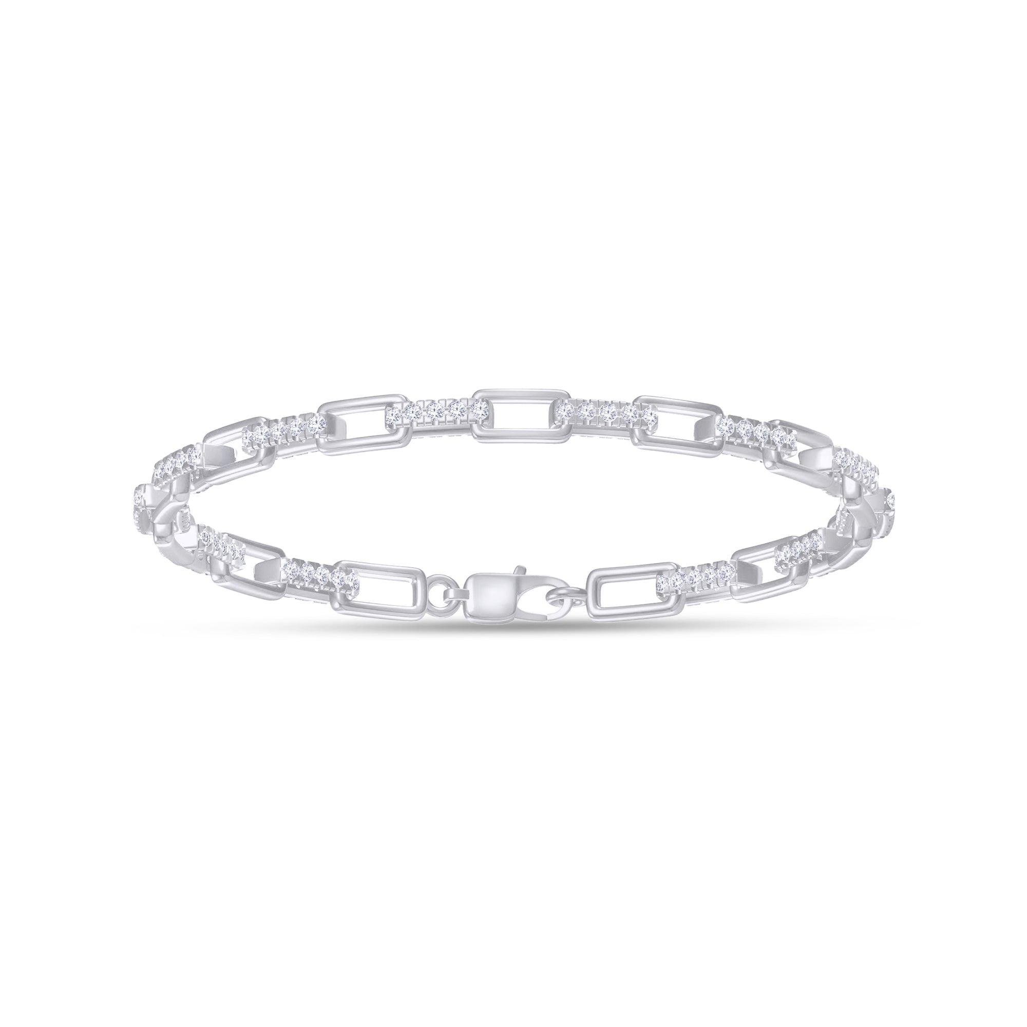 Silver bracelet with clear stones on a white background