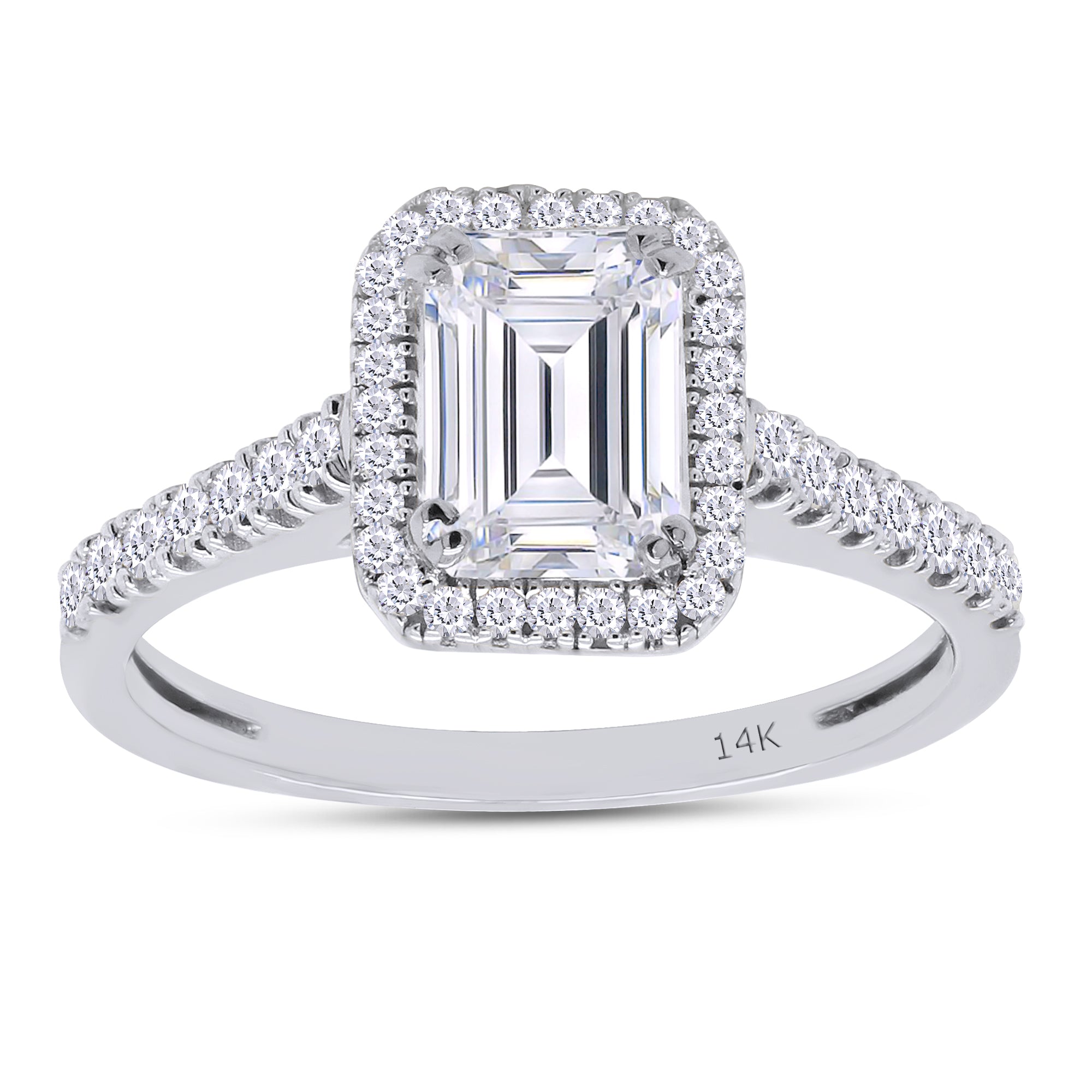 Diamond ring with emerald-cut center stone and halo on a white background