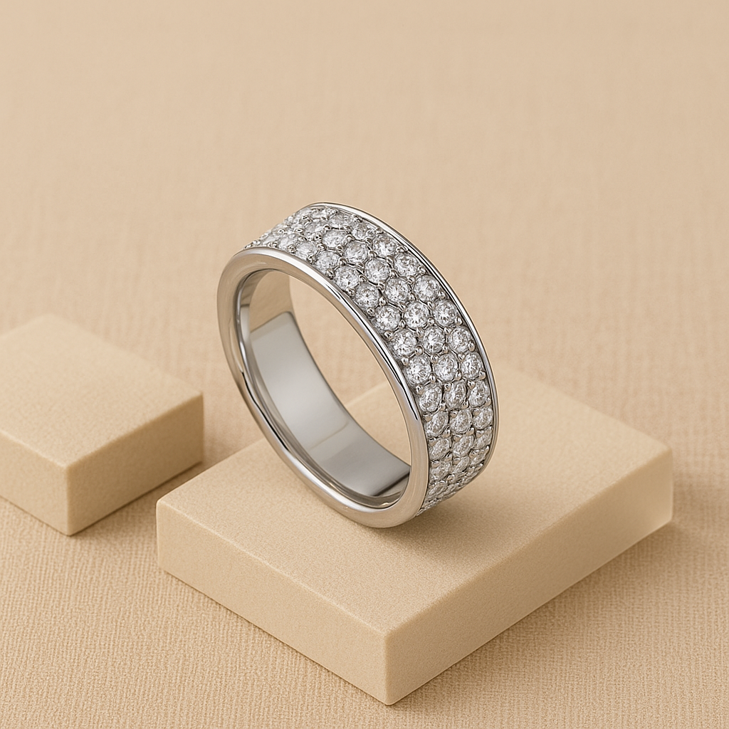 Silver ring with diamond accents on a beige stand