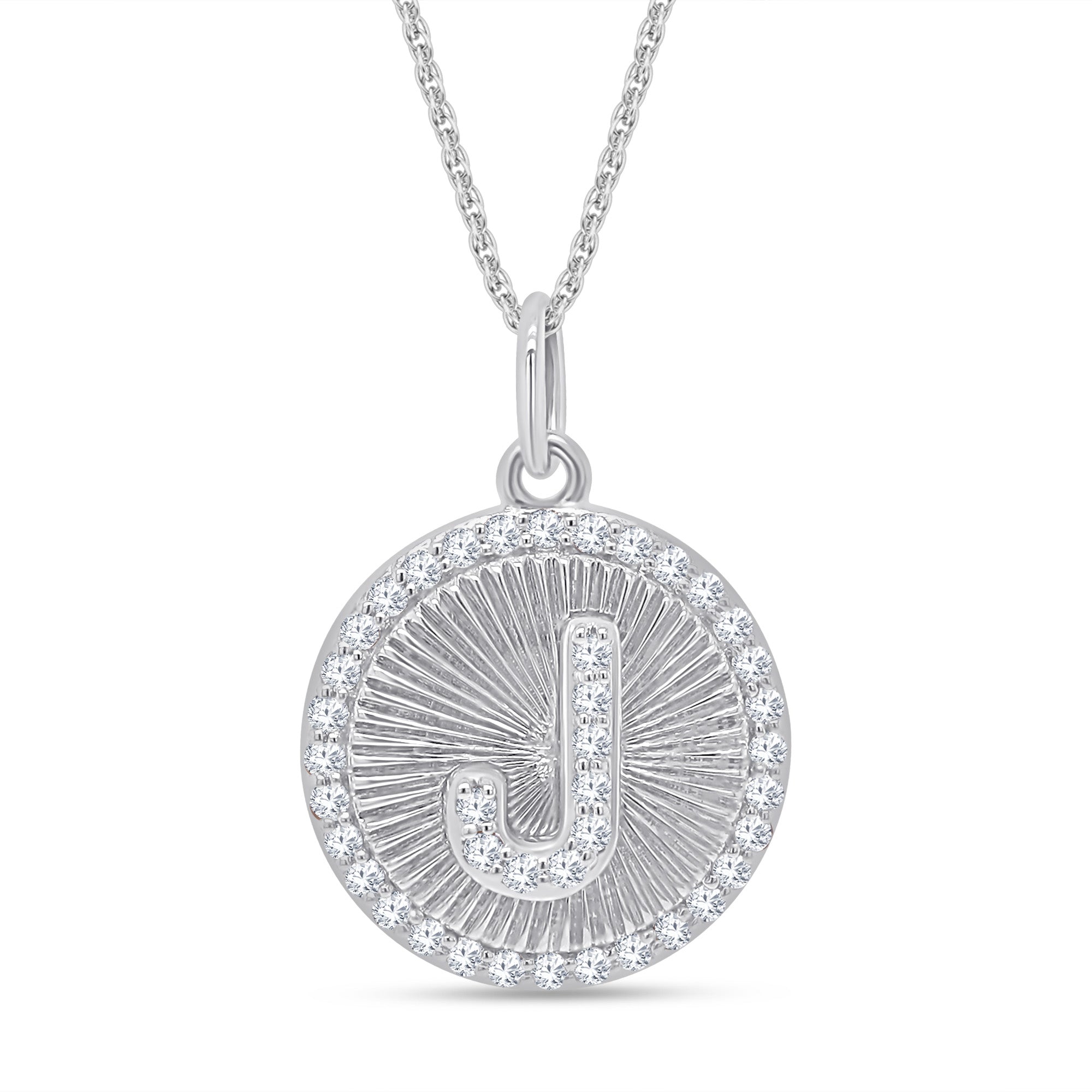 Silver necklace with a circular pendant featuring the letter 'J'.