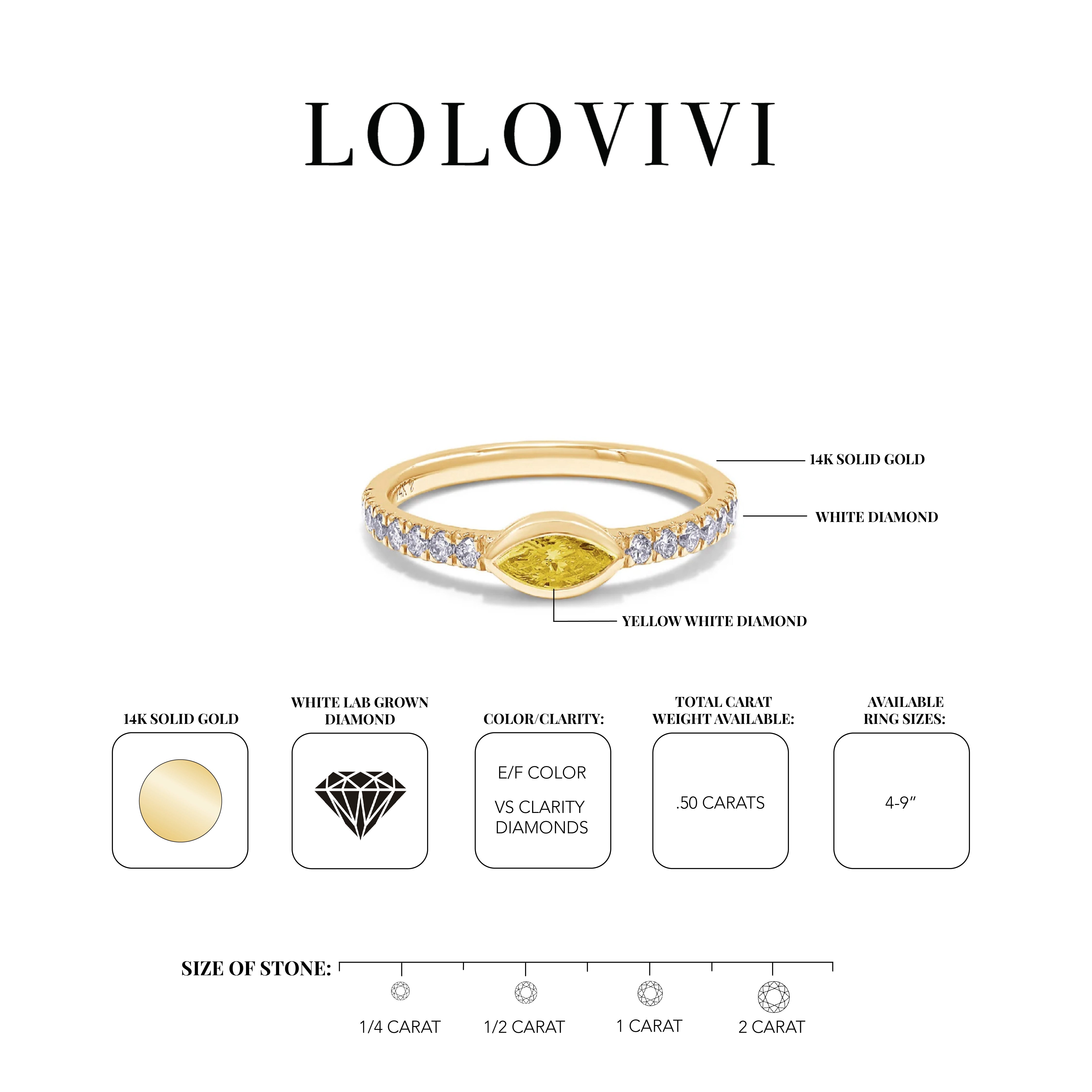 14K solid gold ring with a central yellow diamond and white diamonds on the band.