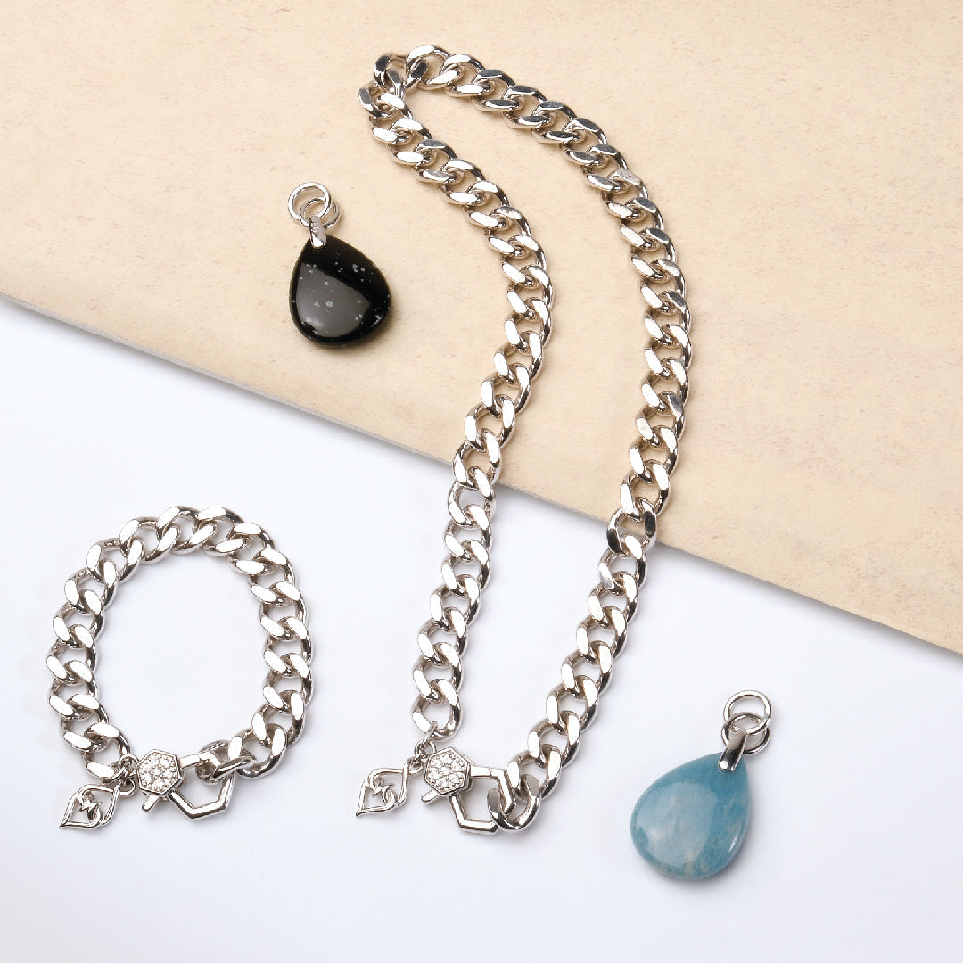Sterling silver curb necklace and bracelet with enhancers 