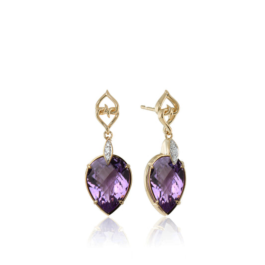 Solid Gold Natural White Diamond Amethyst Earrings