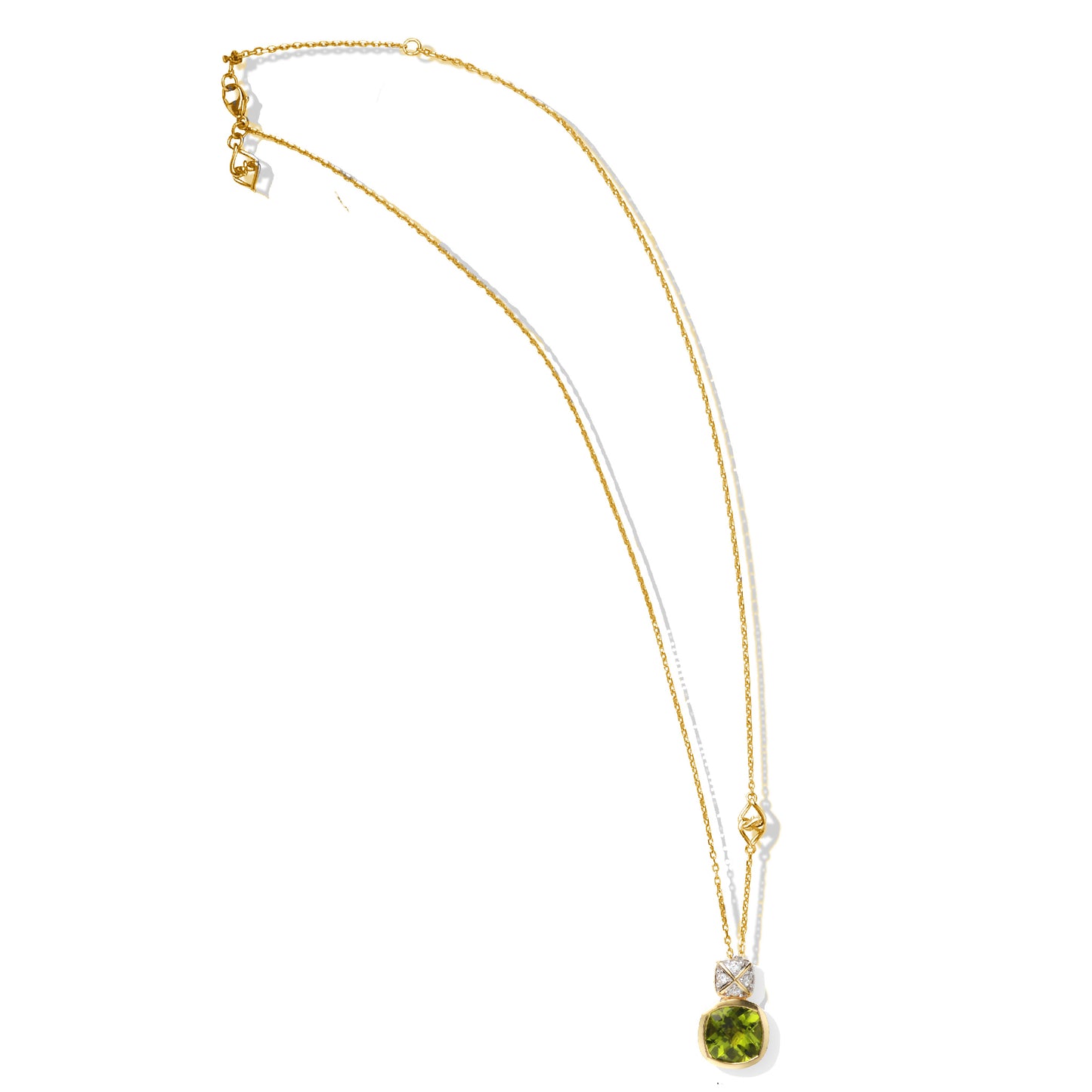 Peridot Pendant Necklace | Cushion Corner Peridot Pendant with White Diamonds and Yellow Gold