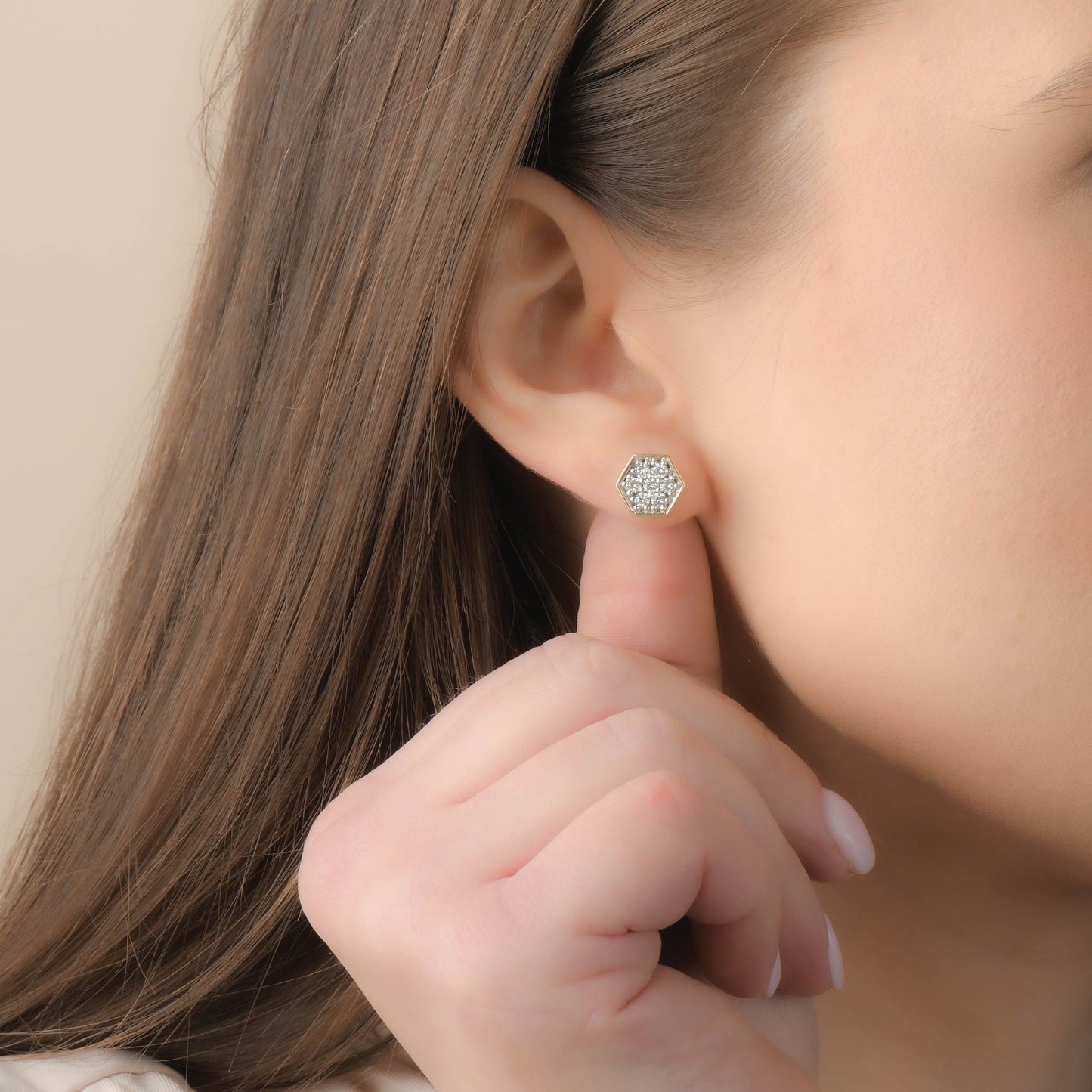 Sapphire Stud Earrings | White Sapphire Yellow Gold Hexagon Studs