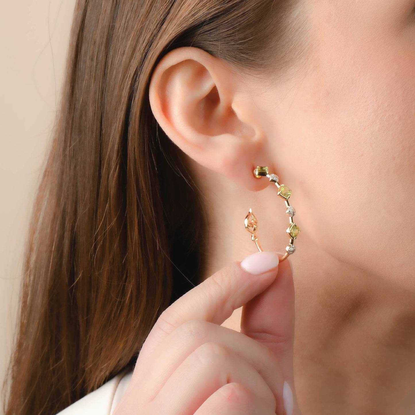 Solid Gold Natural White Diamond Peridot Long Hoop Earrings