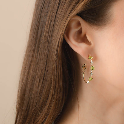 Peridot Earrings | Square Cushion Corner Peridot White Diamond Gold Large Hoop Earrings