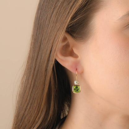 Peridot Earrings | Cushion Corner Peridot and White Diamond Gold Princess Earrings