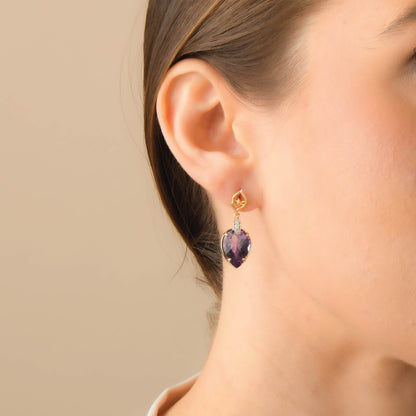 Amethyst Earrings | Pear-Shaped Purple Amethyst White Diamond Yellow Gold Earrings