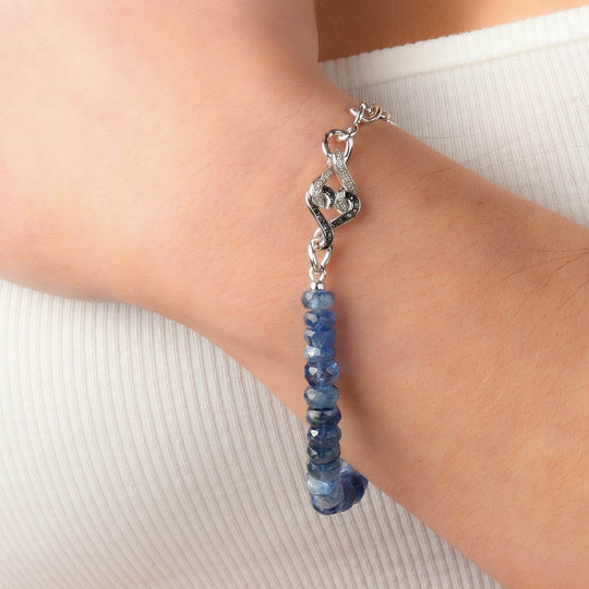 Sterling Silver Blue Kyanite Natural White & Black Diamond Bracelet