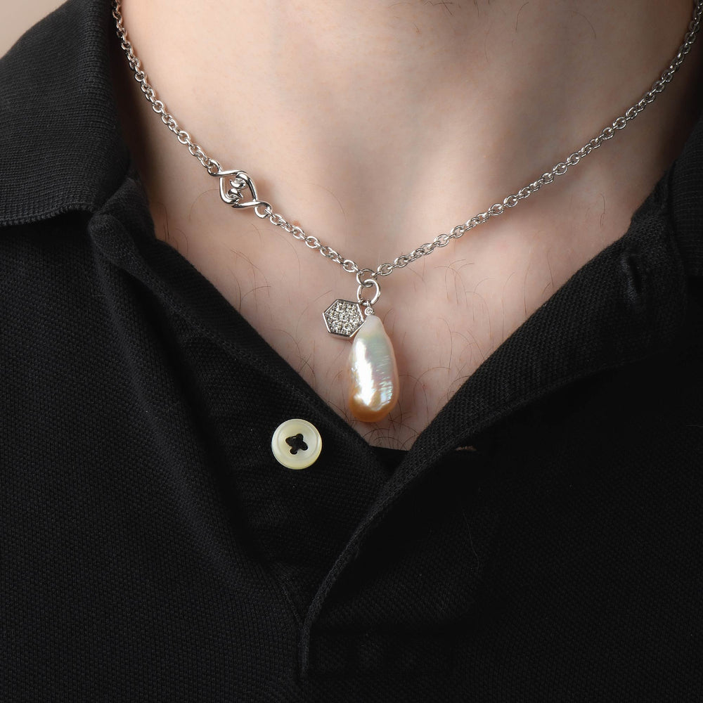 Sterling Silver White Sapphire Baroque Pearl Necklace