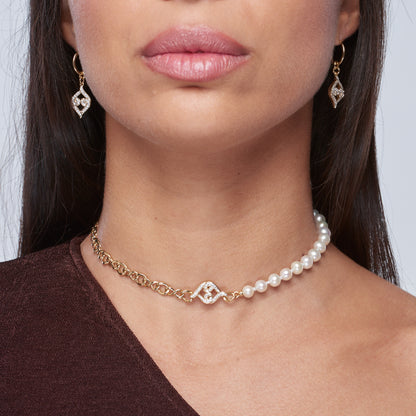 Yellow Gold Sapphire Pearl Necklace | 18" Sapphire Pearl Necklace with Infinity Chain