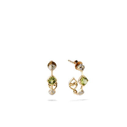 Peridot Earrings | Square Cushion Corner Peridot White Diamond Gold Small Hoop Earrings