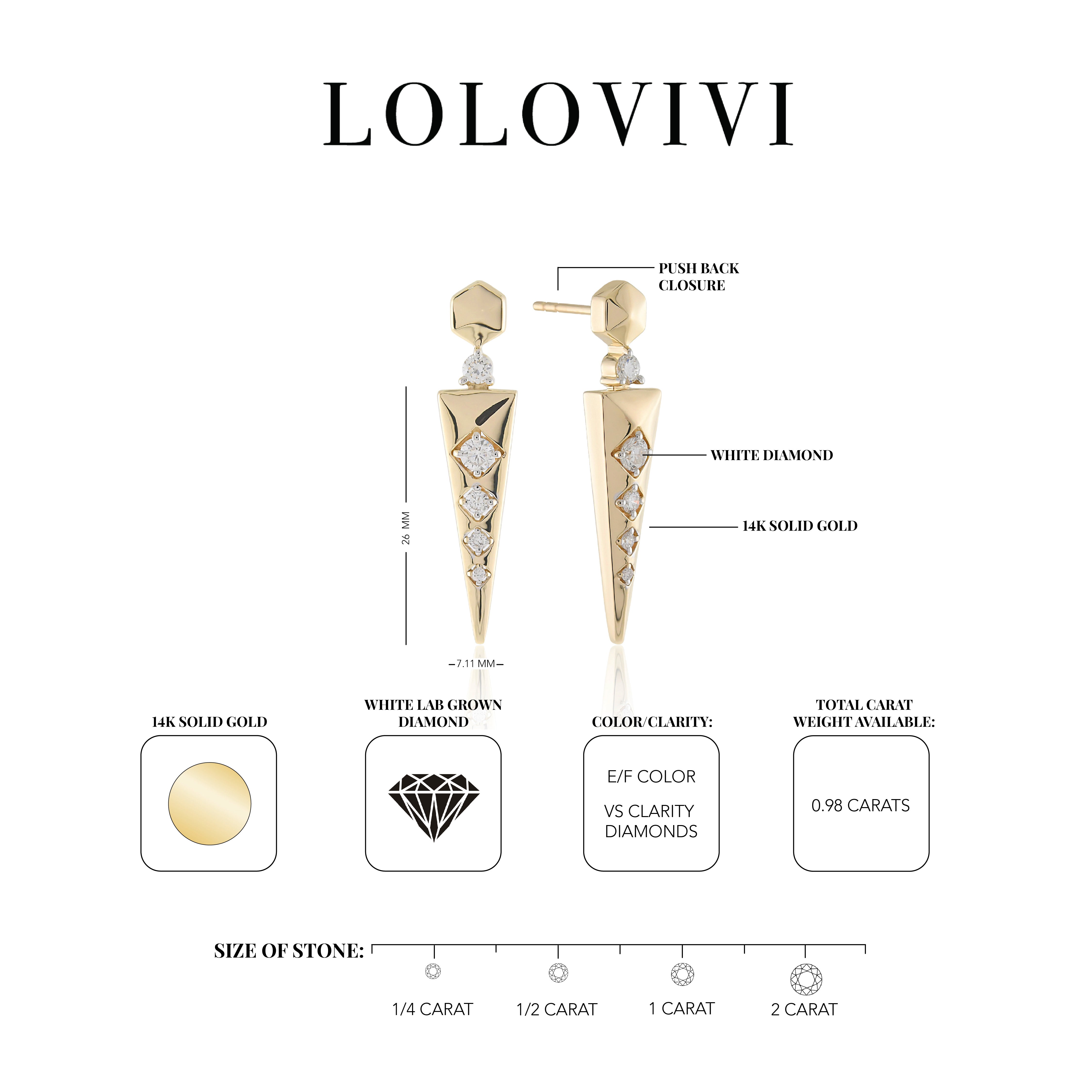 14K solid gold earrings with white diamonds, featuring a geometric drop design.