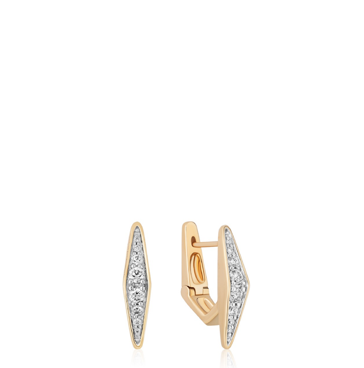 Gold earrings with diamond accents on a white background