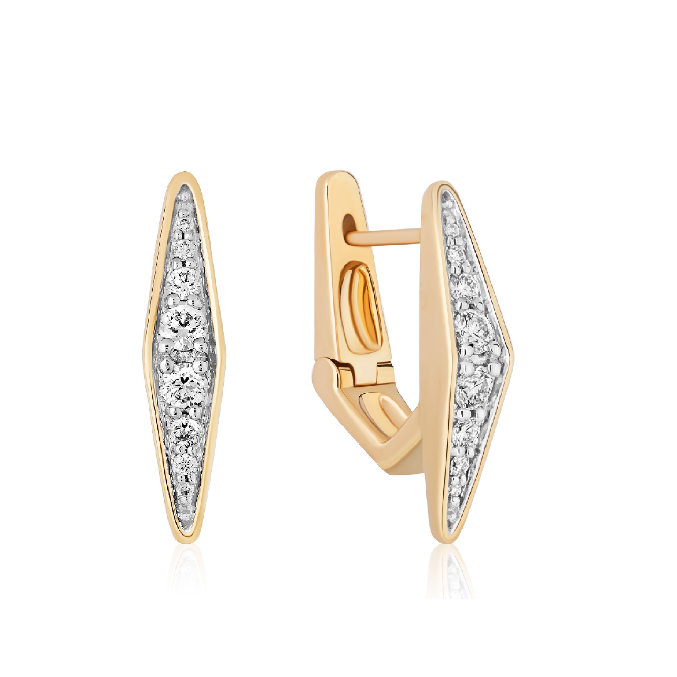 14K solid gold diamond earrings with elongated shape and sparkling stones.