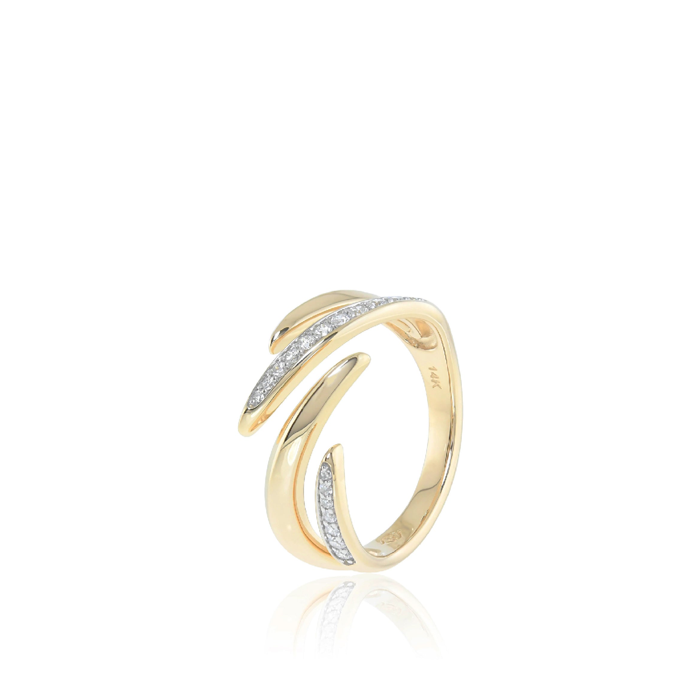 14K solid gold ring with a swirl design and embedded diamonds, elegant and luxurious.